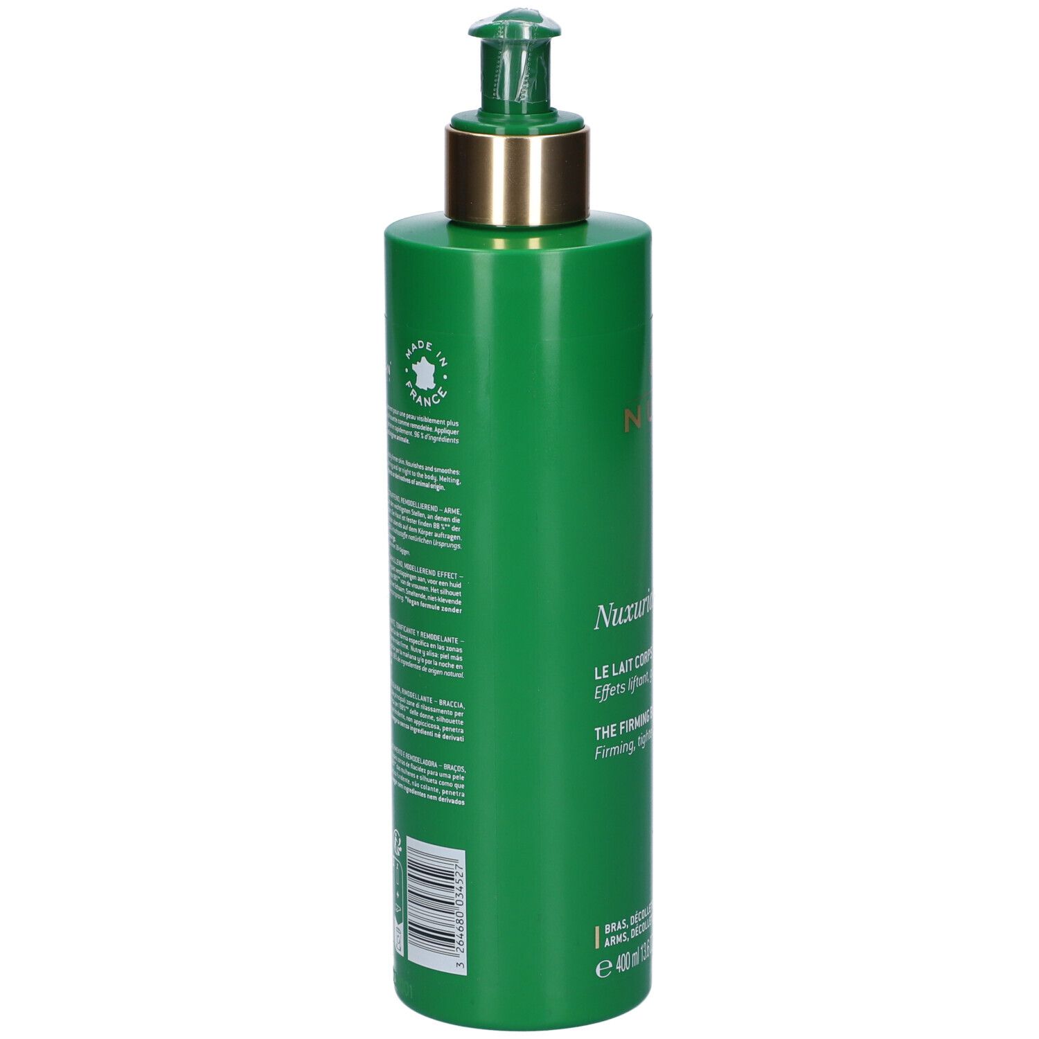 Flacone verde con dosatore. Retro con testo e logo. Prodotto in Francia.