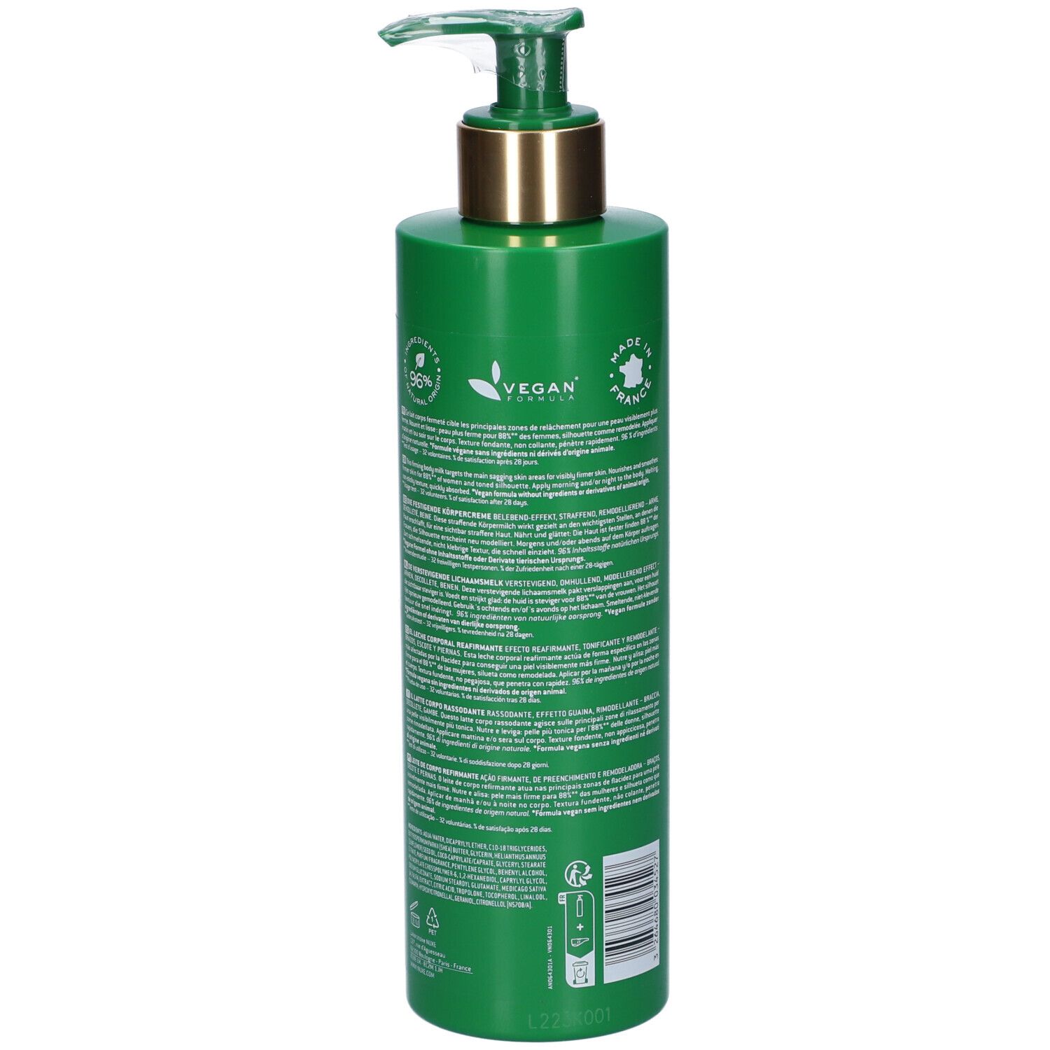 Flacone verde con dosatore. Retro con testo, logo Vegan e Prodotto in Francia.