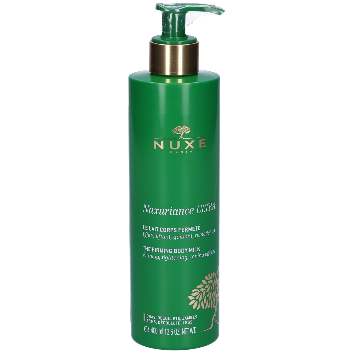 Flacone verde con dosatore. Scritta: Nuxe, Nuxuriance Ultra, The Firming Body Milk. 400 ml.