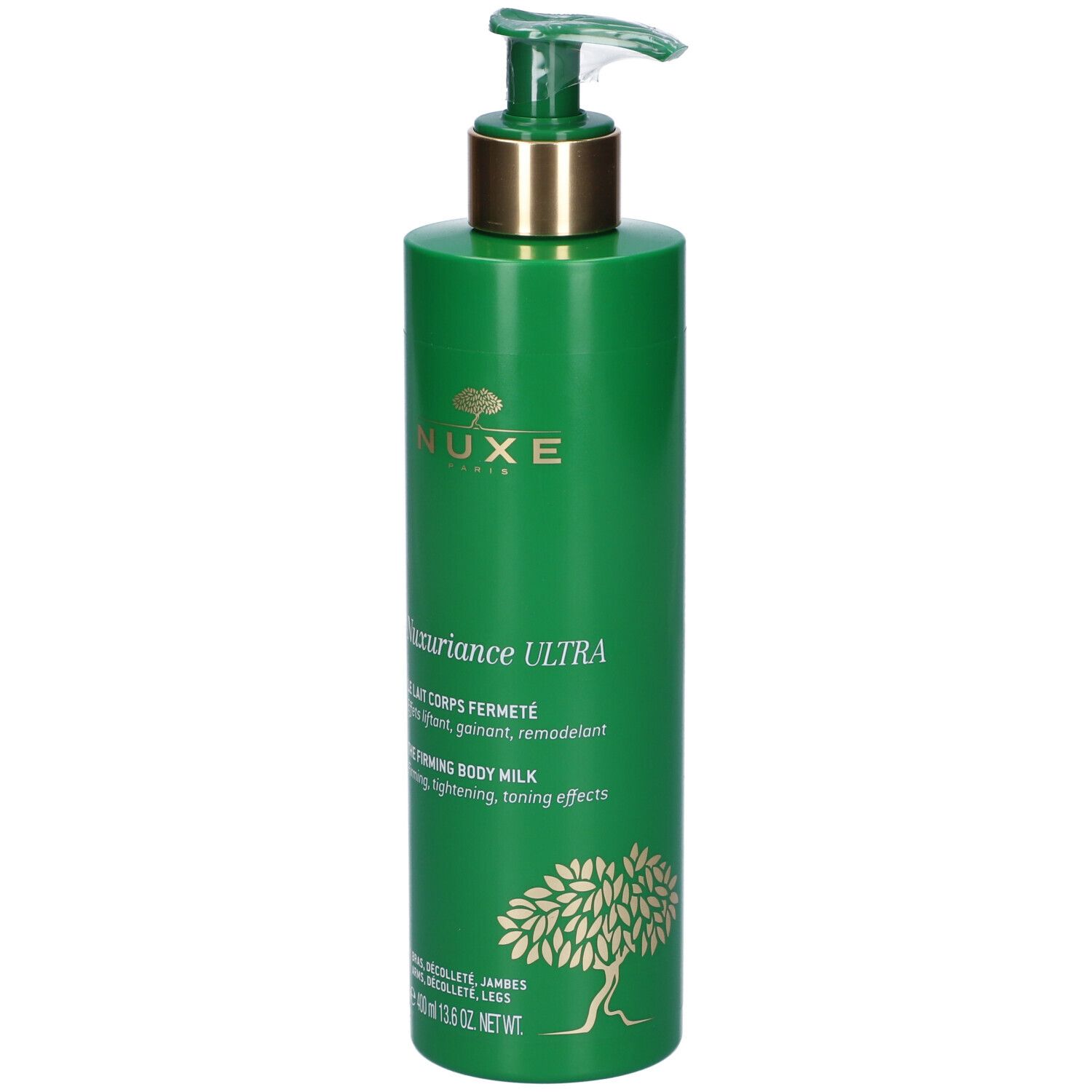 Flacone verde con dosatore. Scritta: Nuxe, Nuxuriance Ultra, The Firming Body Milk. 400 ml.