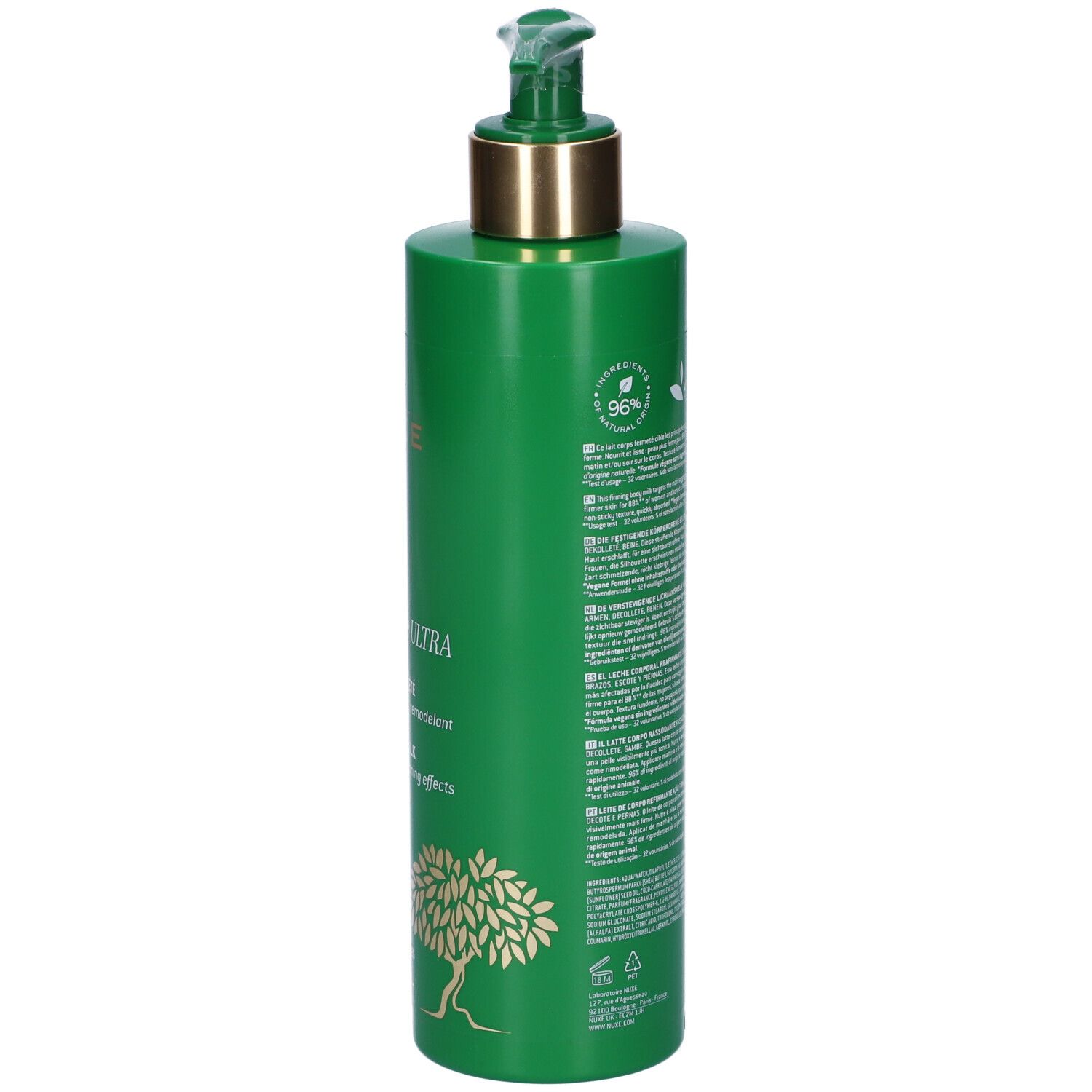 Flacone verde con dosatore. Retro con testo, logo Vegan e Prodotto in Francia.