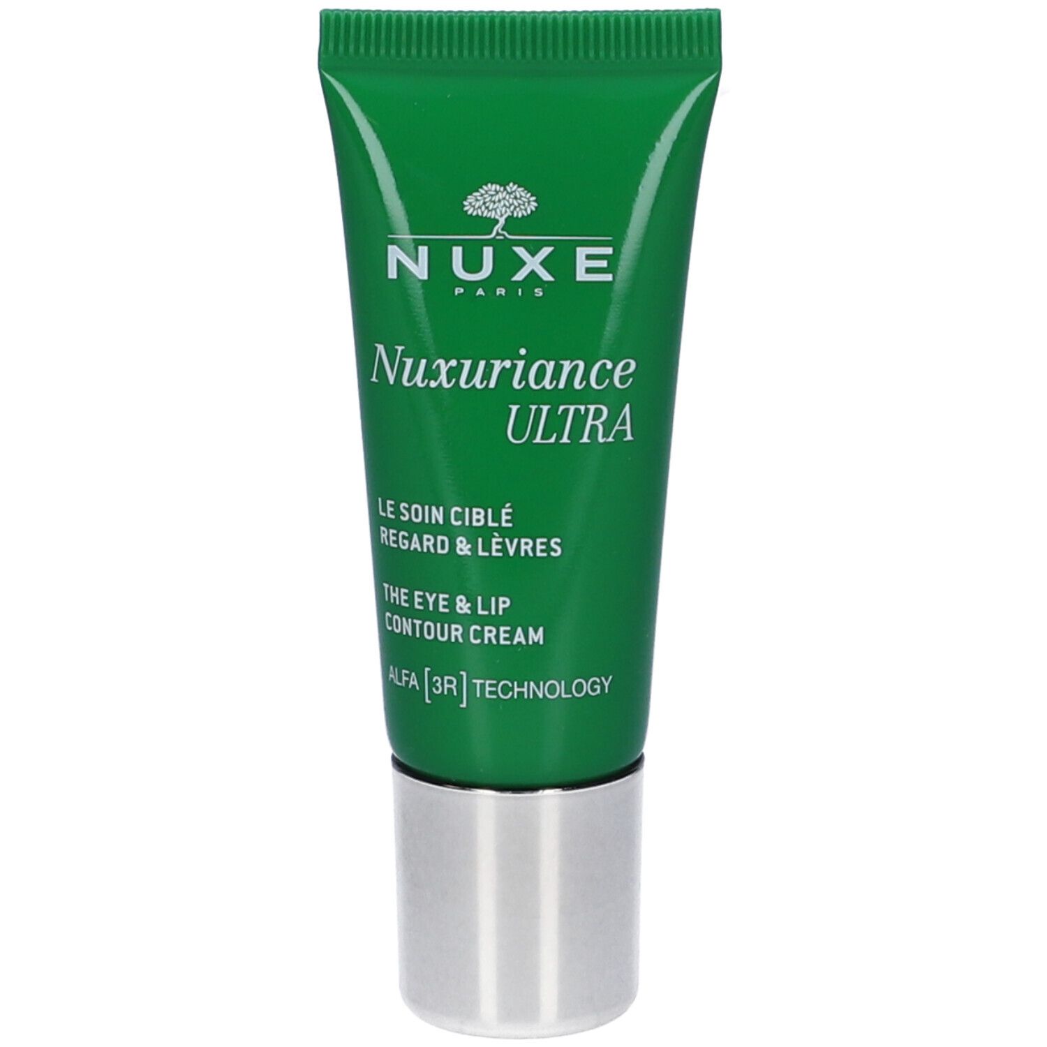 Tubo verde con tappo argentato. Scritta: Nuxe, Nuxuriance Ultra, The Eye & Lip Contour Cream.