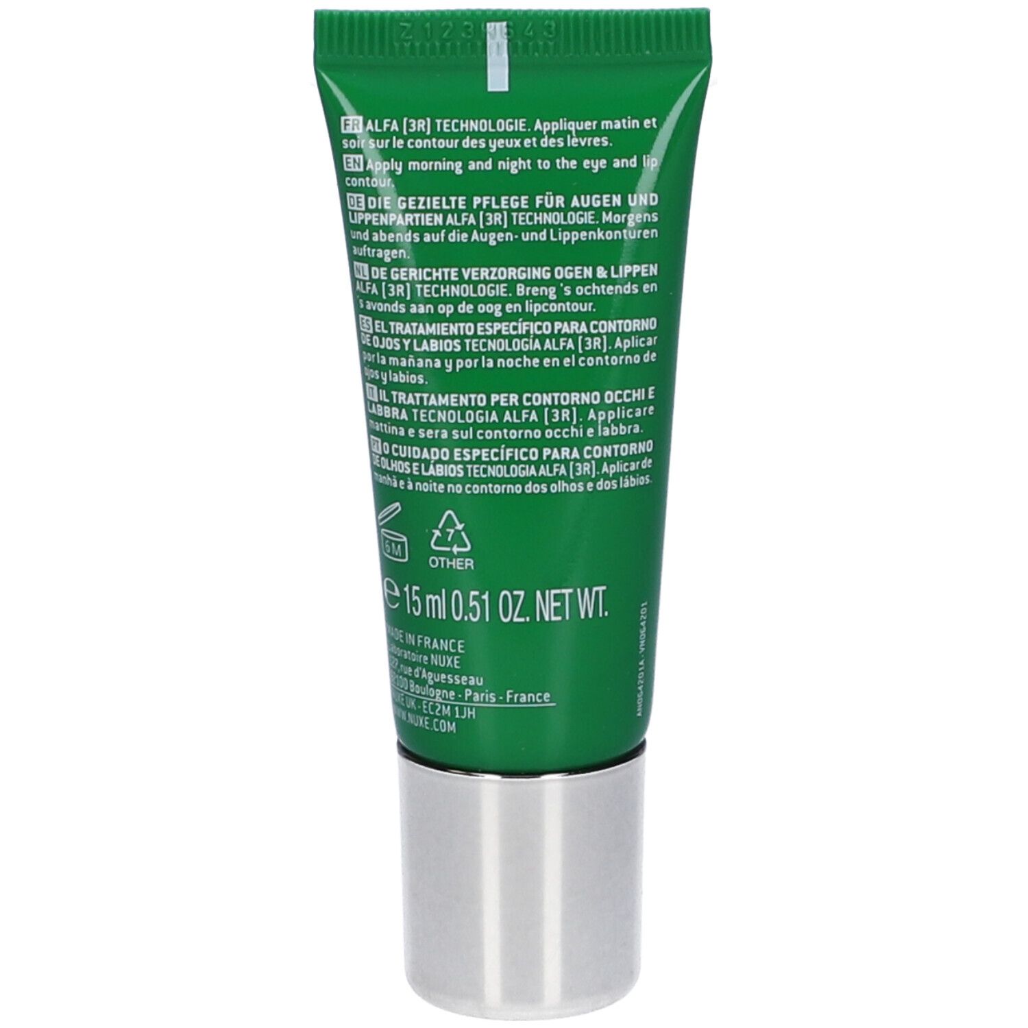 Retro del tubo verde. Testo multilingue. Informazioni sugli ingredienti e l'uso.