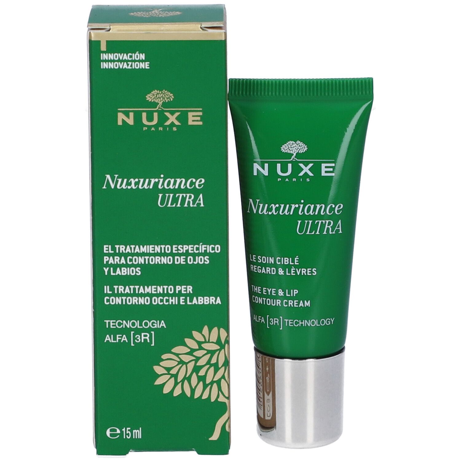 Scatola e tubo verdi. Scatola con scritta: Nuxe, Nuxuriance Ultra. Tubo: The Eye & Lip Contour Cream.