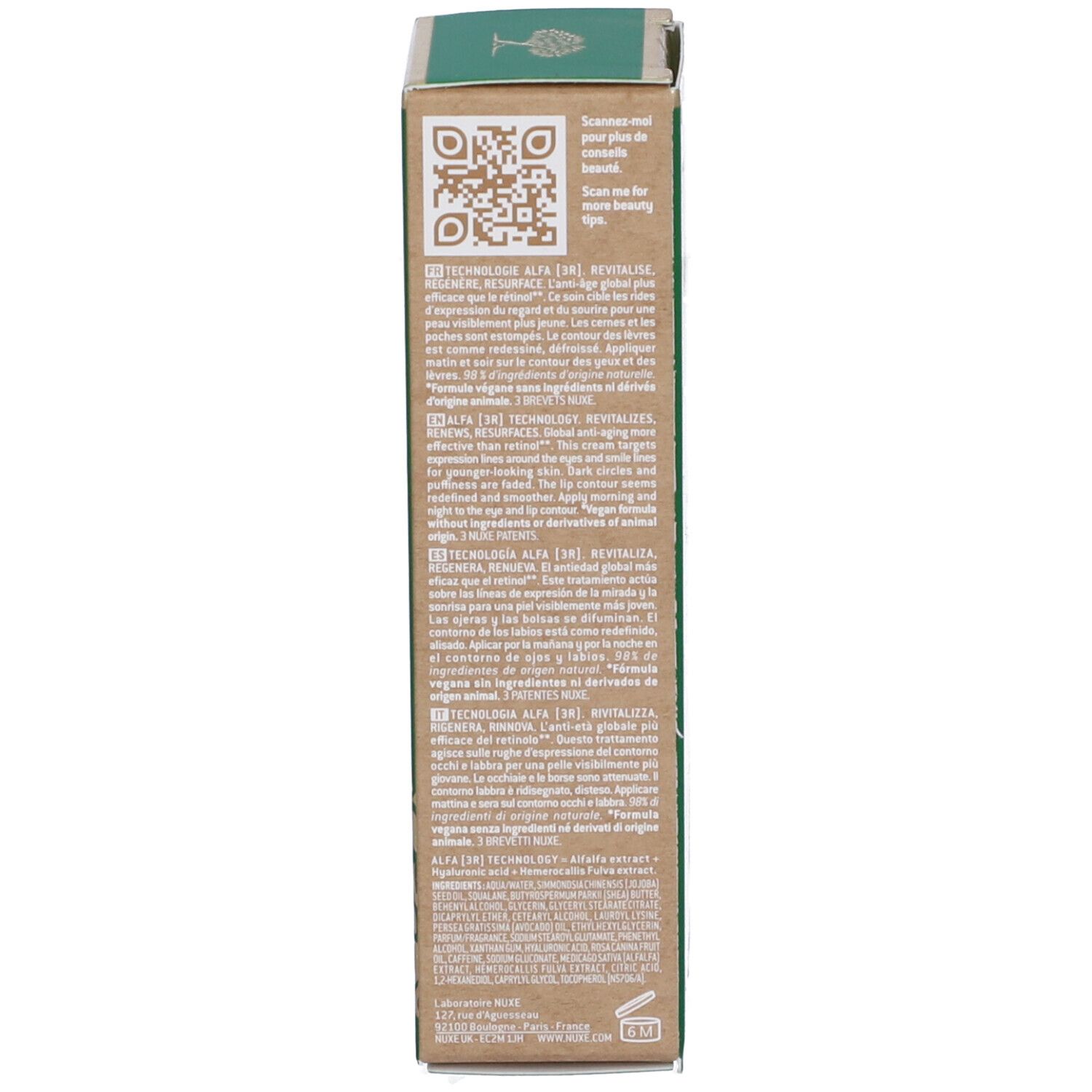 Lato della scatola verde. Testo multilingue. Codice QR e informazioni sul prodotto.