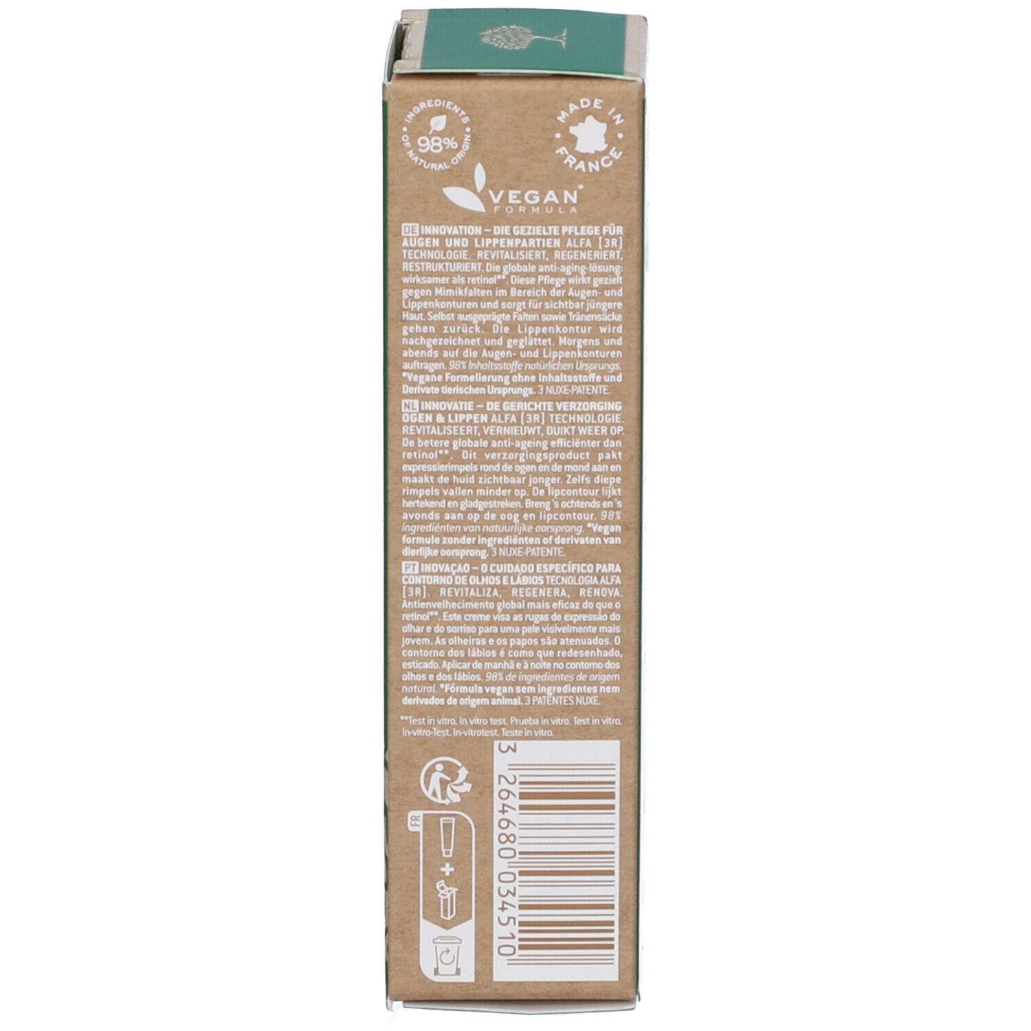 Retro della scatola verde. Testo multilingue. Logo vegano e codice a barre.