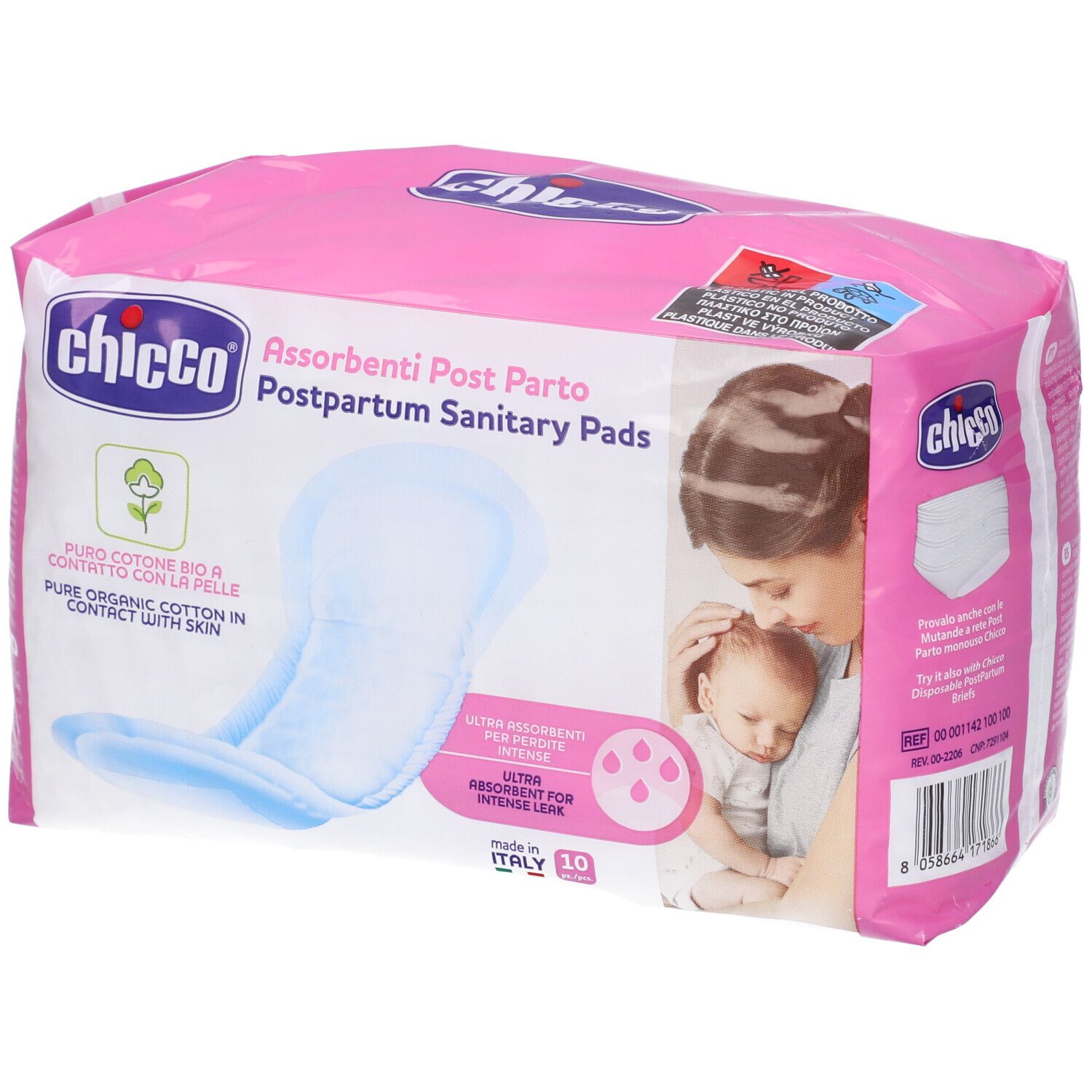 Confezione rosa Chicco Assorbenti Post Parto. Donna e bambino. 10 pezzi. Cotone bio.