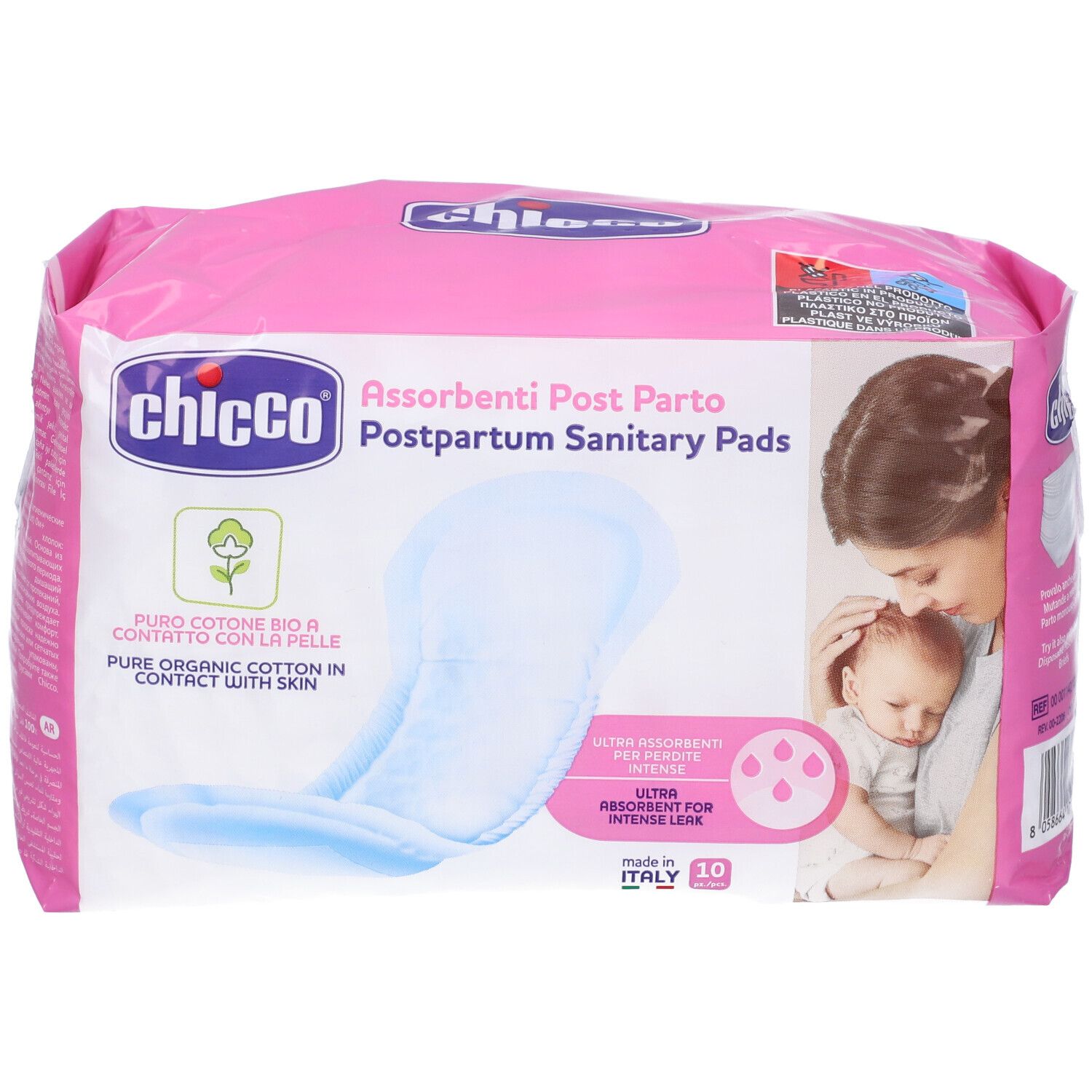 Confezione rosa Chicco Assorbenti Post Parto. Donna e bambino. 10 pezzi. Cotone bio.