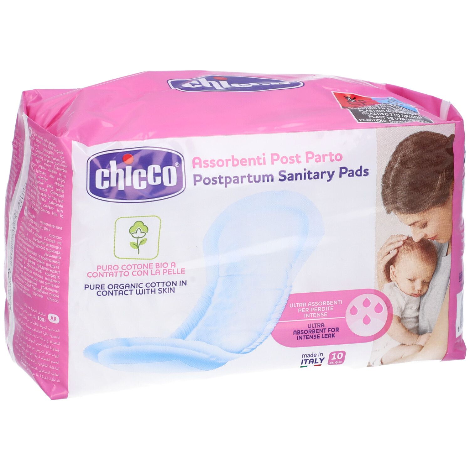 Confezione rosa Chicco Assorbenti Post Parto. Donna e bambino. 10 pezzi. Cotone bio.