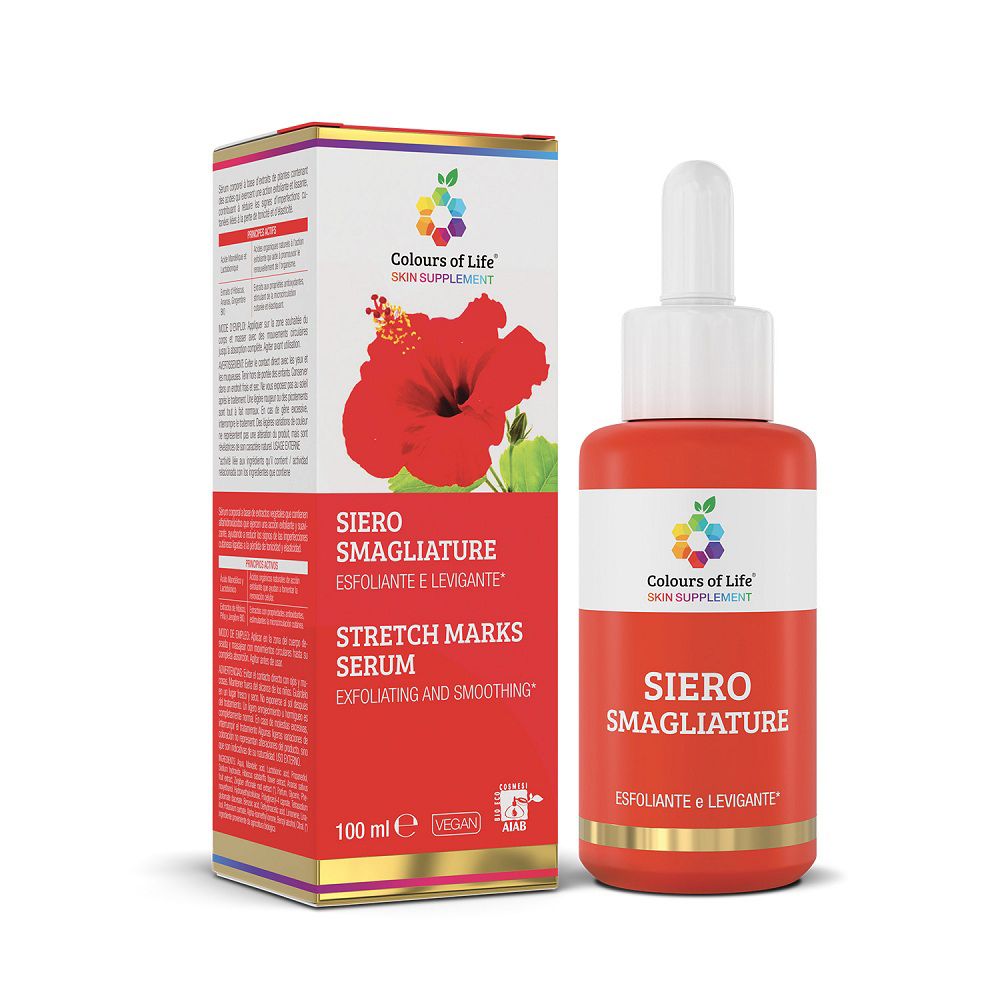 Colours of Life Serum gegen Dehnungsstreifen: Flakon mit Pipette und Faltschachtel mit Hibiskus-Motiv.