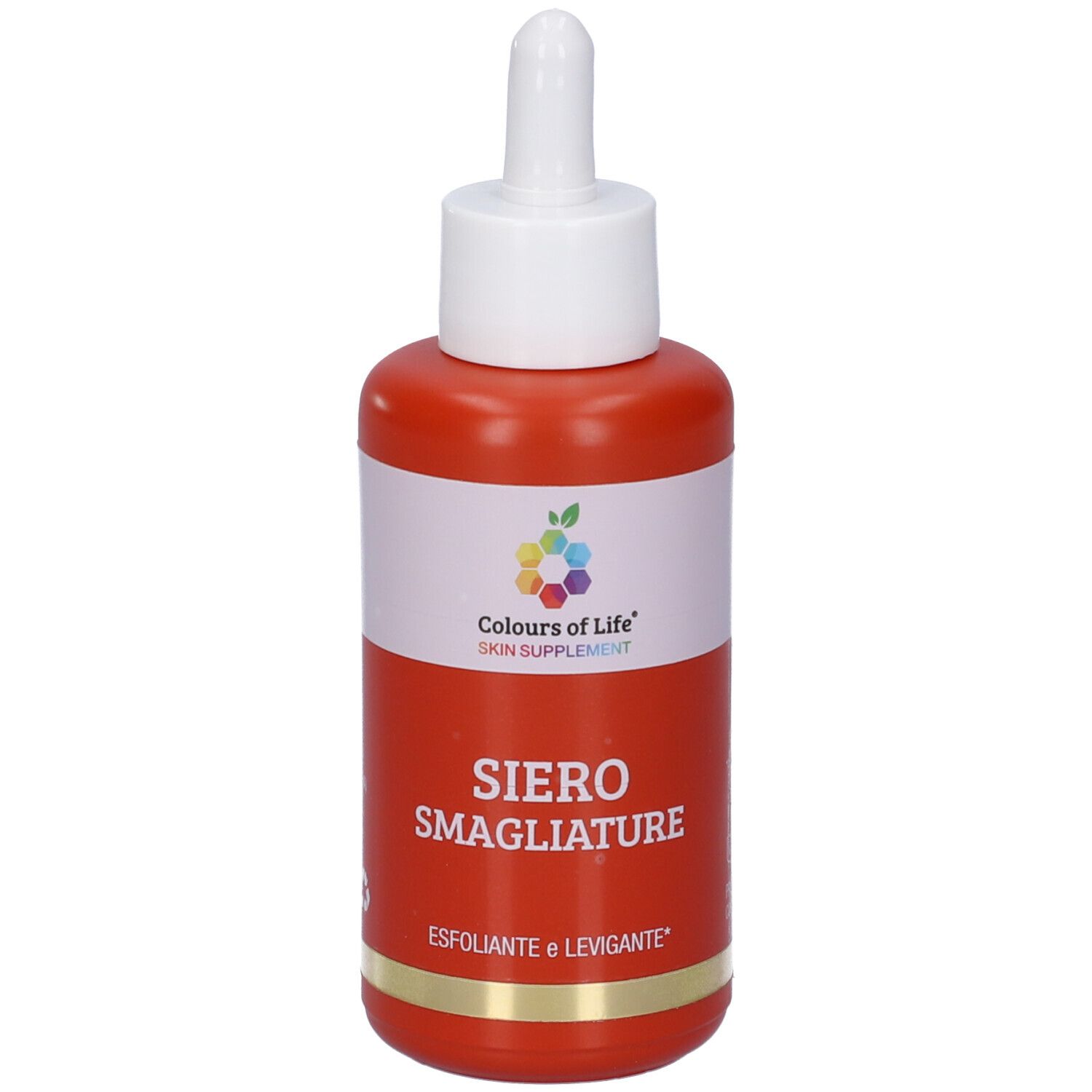 Rote Flasche mit weißem Deckel und Pipette. Aufschrift: SIERO SMAGLIATURE. Logo: Farben des Lebens.
