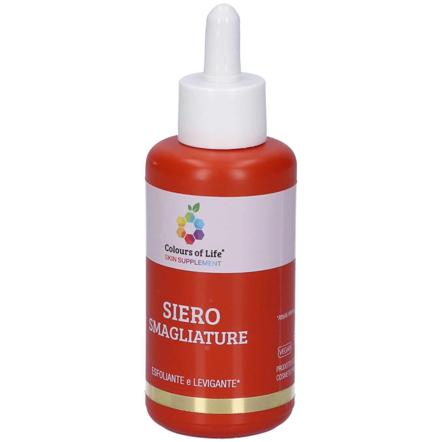 Rote Flasche mit weißem Deckel und Pipette. Aufschrift: SIERO SMAGLIATURE. Logo: Farben des Lebens.