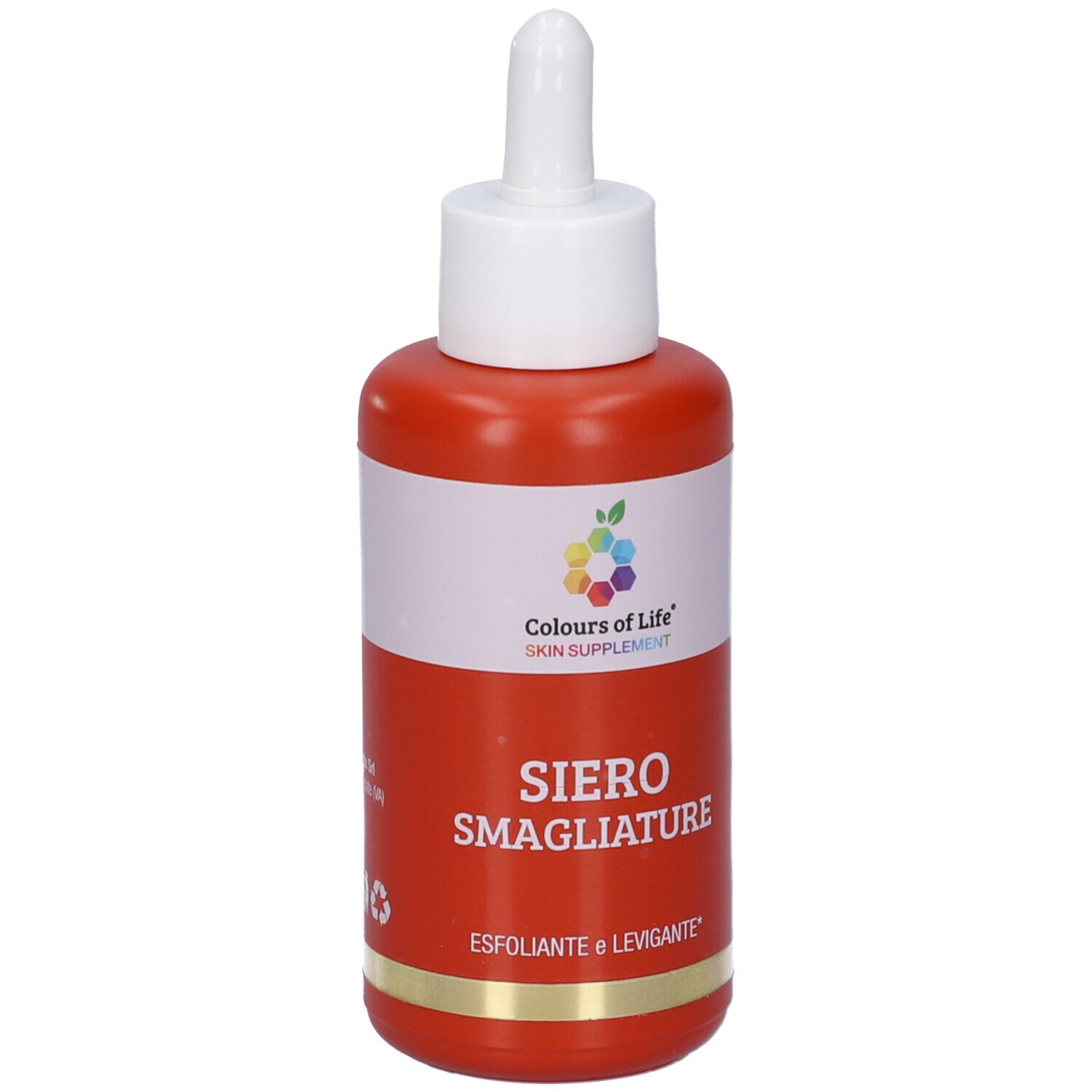 Rote Flasche mit weißem Deckel und Pipette. Aufschrift: SIERO SMAGLIATURE. Logo: Farben des Lebens.