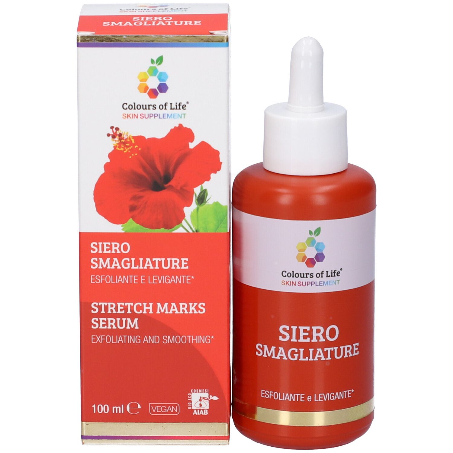 Produktverpackung mit roter Farbe und Hibiskusblüte. Aufschrift: SIERO SMAGLIATURE, STRETCH MARKS SERUM. 100 ml.