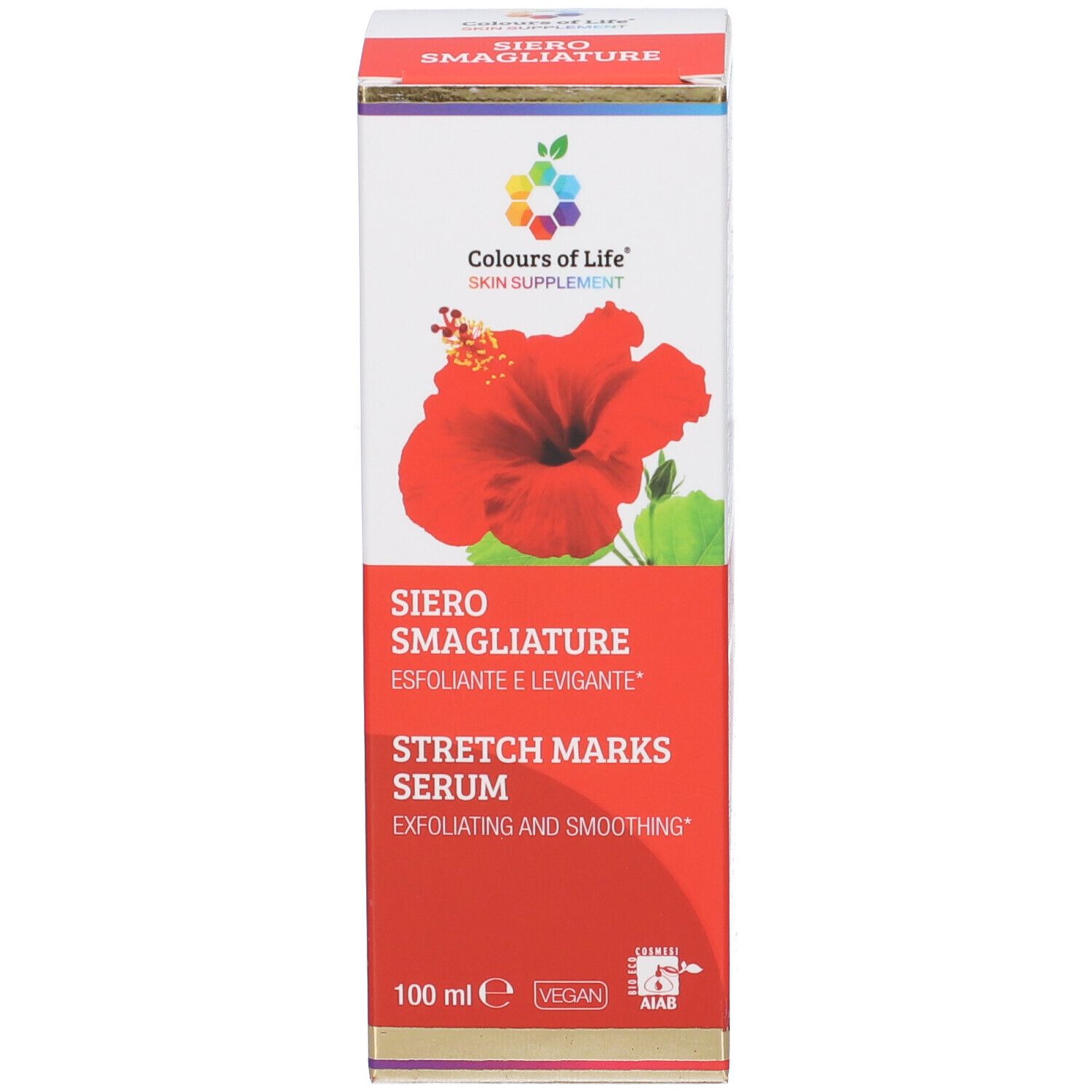 Produktverpackung mit roter Farbe und Hibiskusblüte. Aufschrift: SIERO SMAGLIATURE, STRETCH MARKS SERUM. 100 ml.