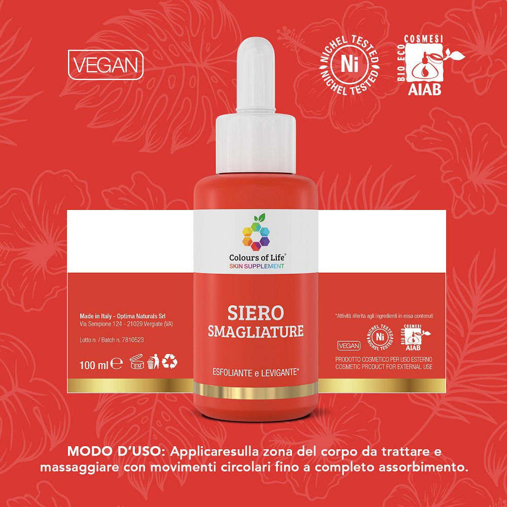 Colours of Life Serum: Flakon mit Pipette, Siegel 'Vegan', 'Nickel Tested', 'AIAB' und 'Bio Eco Cosmesi'.