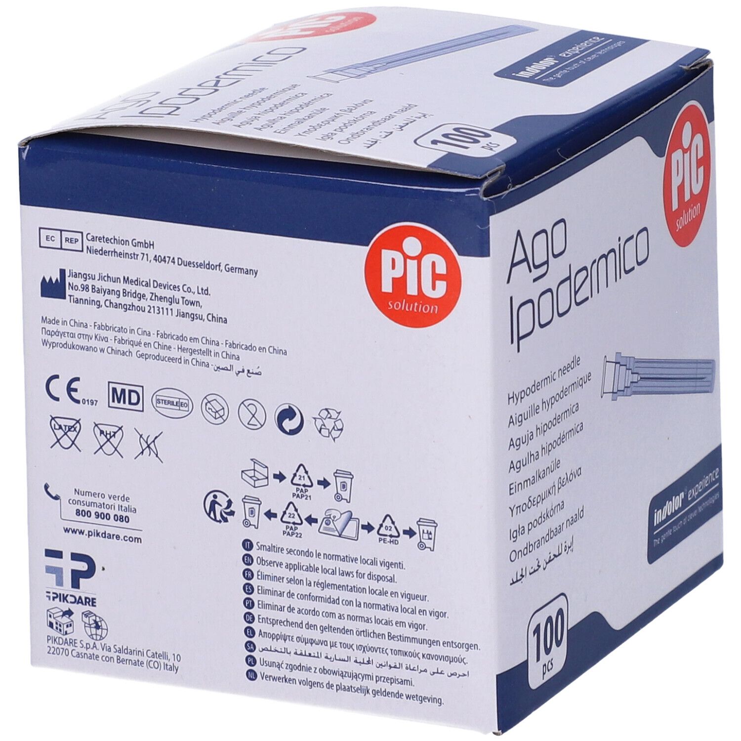 Rückseite der Verpackung mit Informationen und Symbolen. PIC Ago Ipodermico. Medizinprodukt.