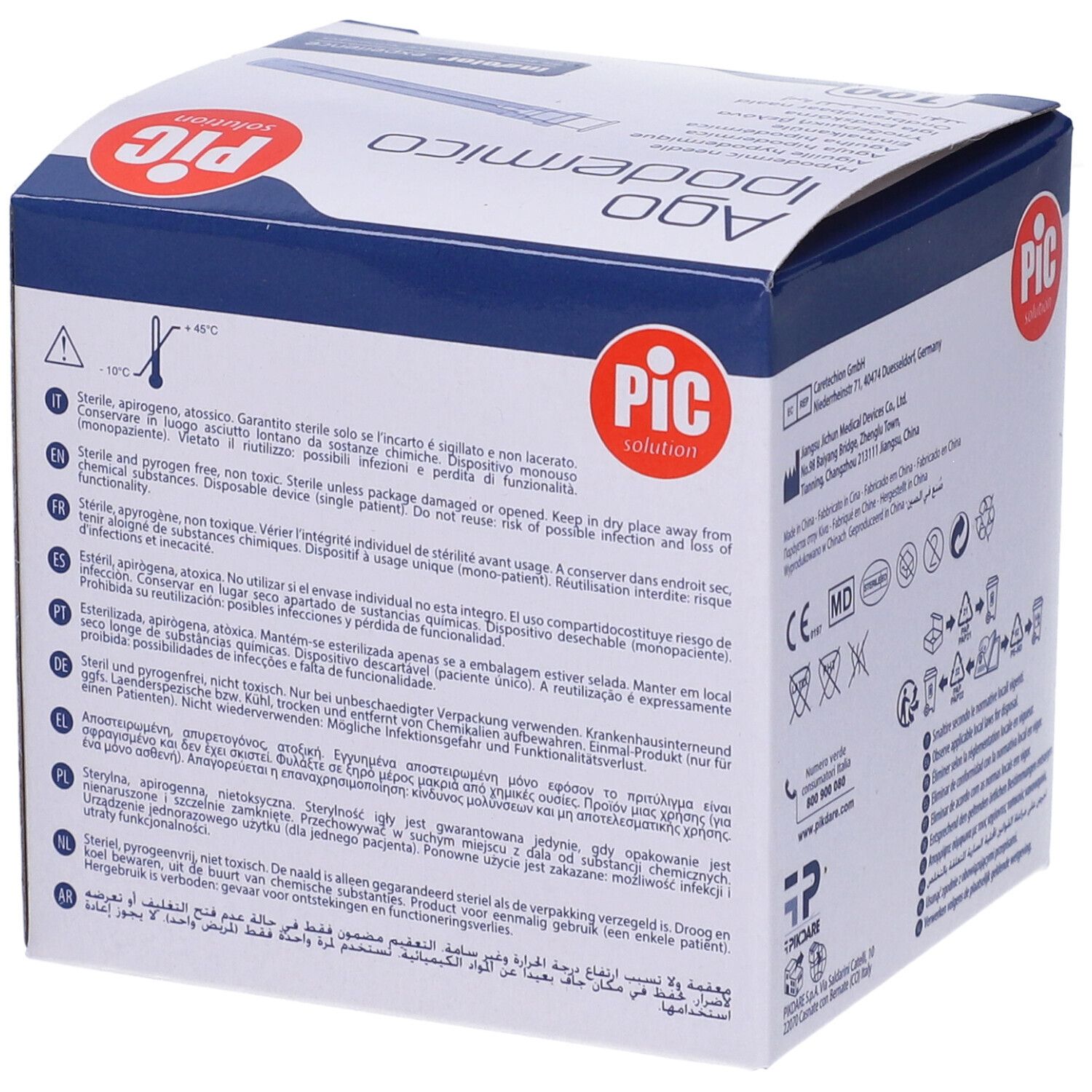 Verpackung mit Informationen. PIC Ago Ipodermico. Steril, pyrogenfrei. Medizinprodukt.
