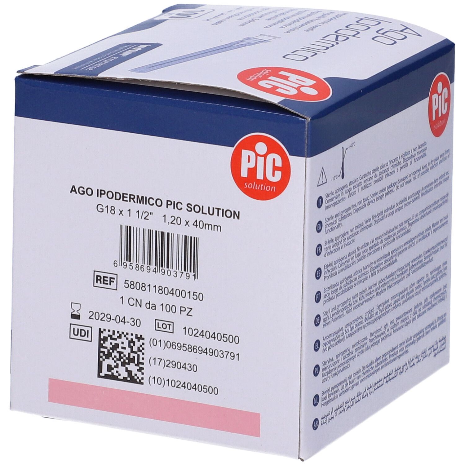 Verpackung mit Produktinformationen. Ago Ipodermico PIC Solution. Chargennummer, Verfallsdatum.