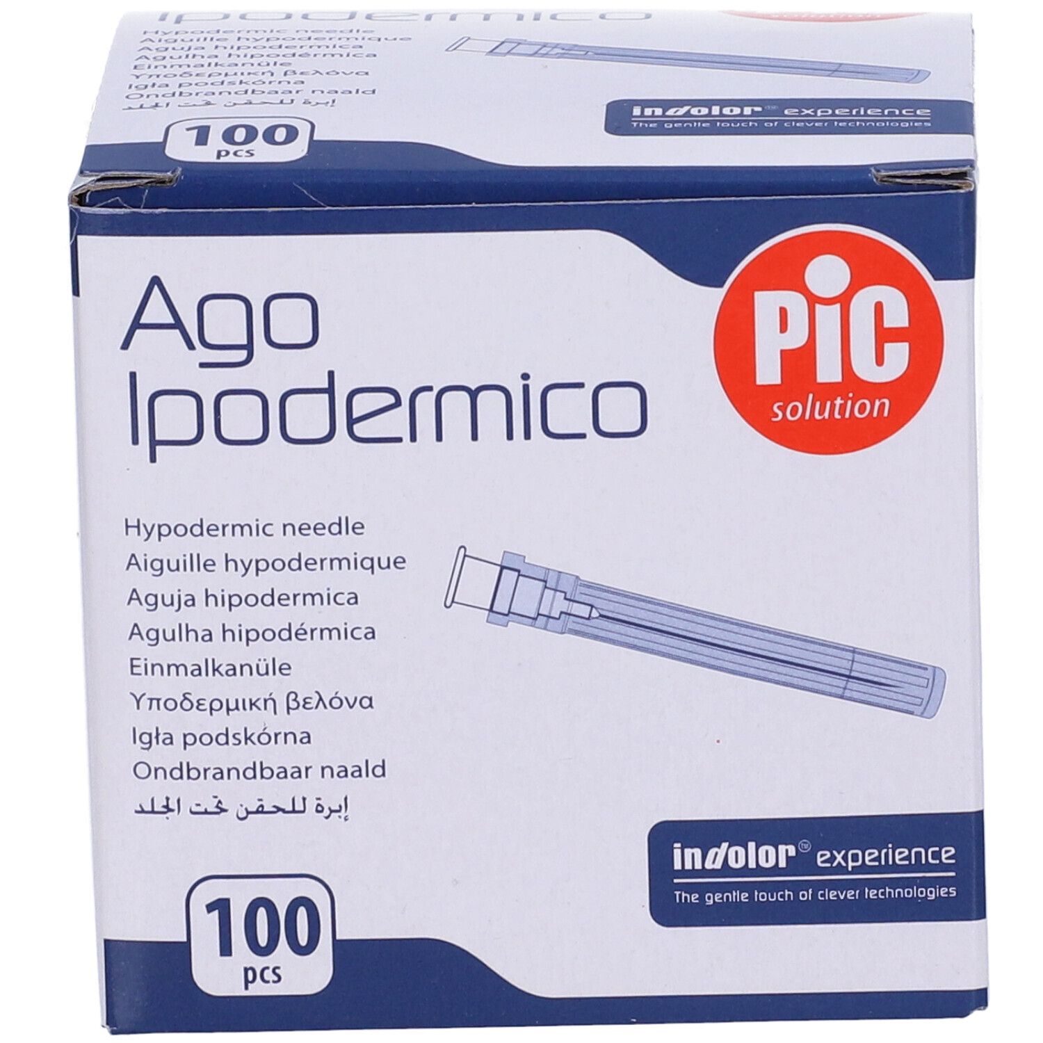 Karton mit PIC Ago Ipodermico Nadeln. 100 Stück. Blaue und weiße Verpackung. Nadel-Abbildung.