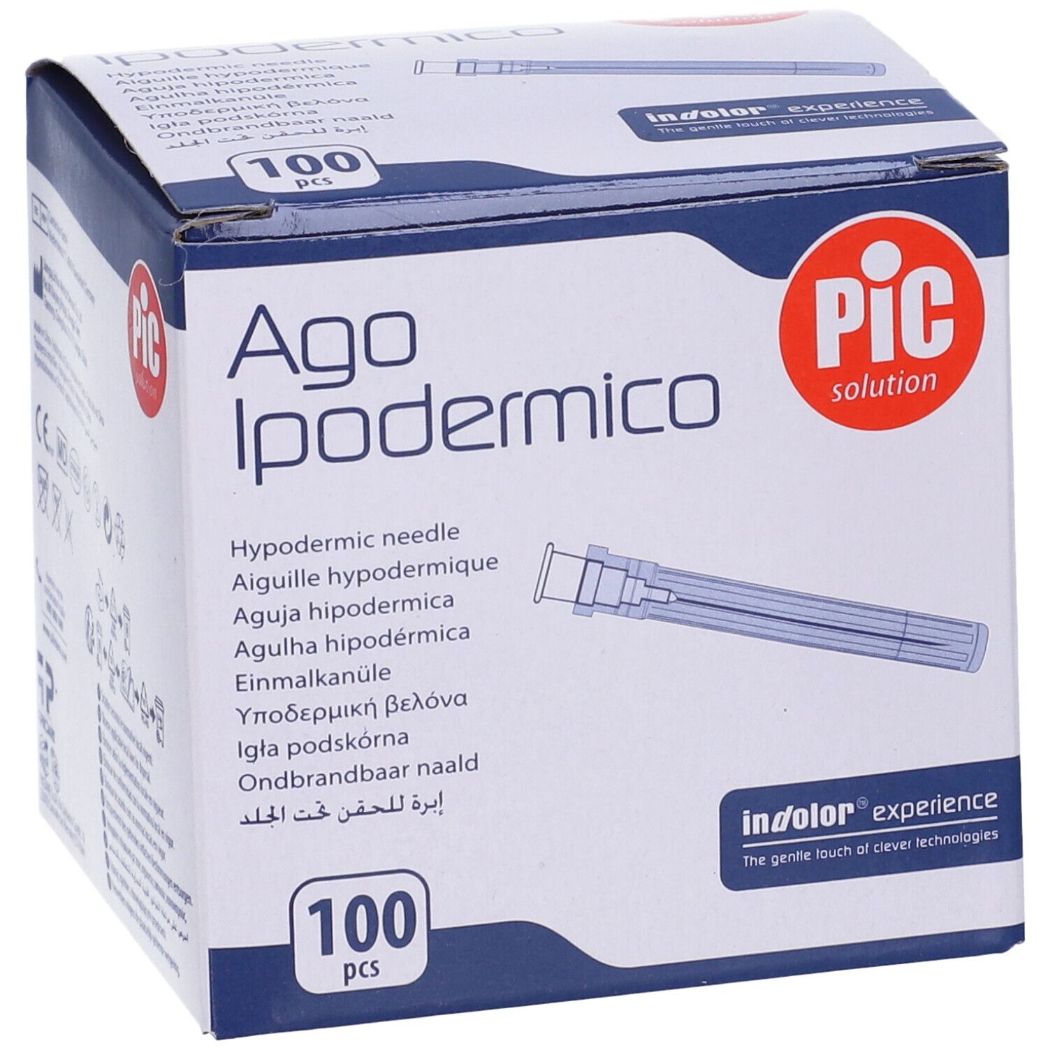 Karton mit PIC Ago Ipodermico Nadeln. 100 Stück. Blaue und weiße Verpackung. Nadel-Abbildung.