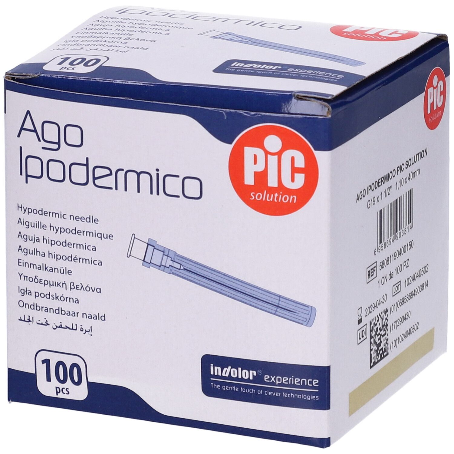 Scatola di aghi PIC Ago Ipodermico. Contiene 100 pezzi. Confezione blu e bianca con nome e logo del prodotto.