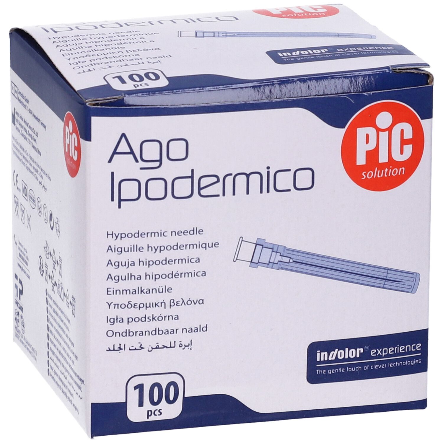 Scatola di aghi PIC Ago Ipodermico. Nome del prodotto, logo e illustrazione dell'ago. 100 pezzi.
