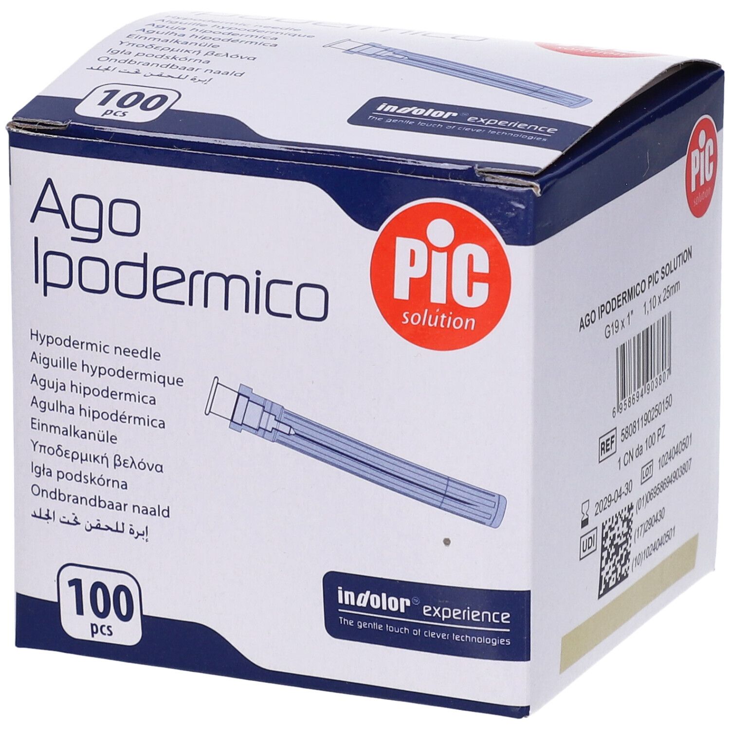 Scatola di aghi ipodermici 'Ago Ipodermico'. Logo 'PIC solution'. 100 pezzi. Ago blu visibile.
