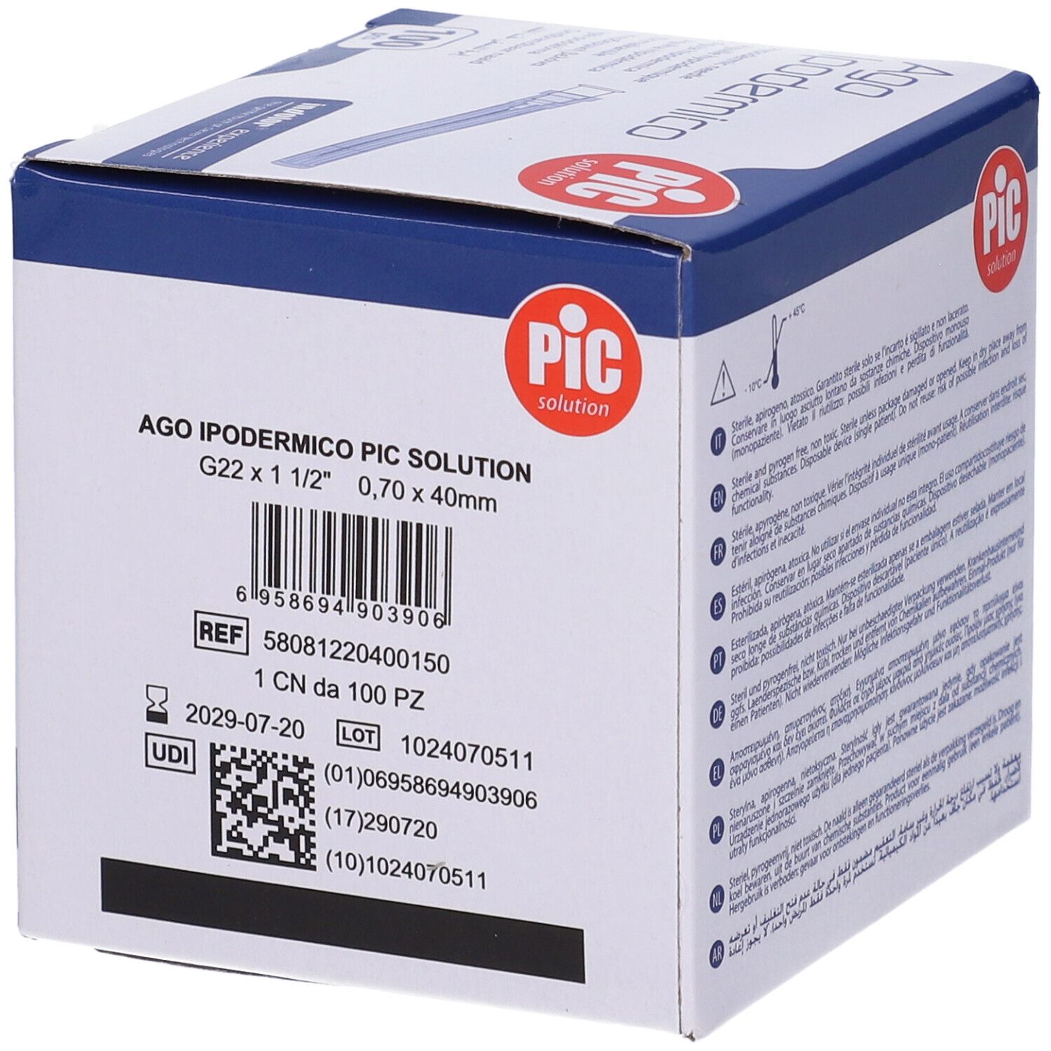 Detailansicht der PIC Ago Ipodermico Verpackung. Produktinformationen und Chargennummer.