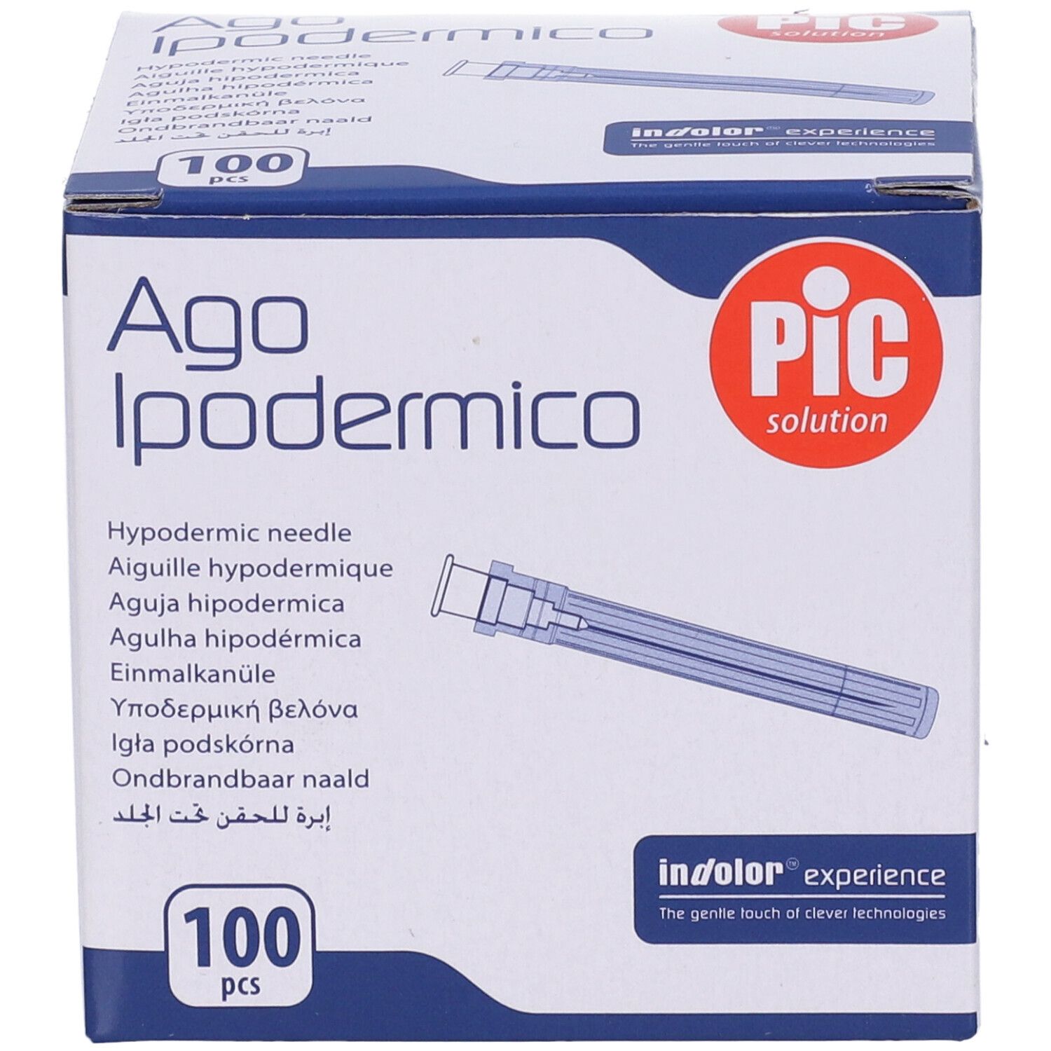 Karton mit PIC Ago Ipodermico Nadeln. 100 Stück. Blaue und weiße Verpackung. Nadel abgebildet.