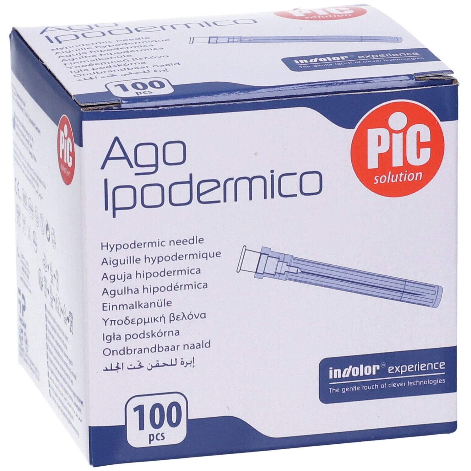 Karton mit PIC Ago Ipodermico Nadeln. 100 Stück. Blaue und weiße Verpackung. Nadel abgebildet.
