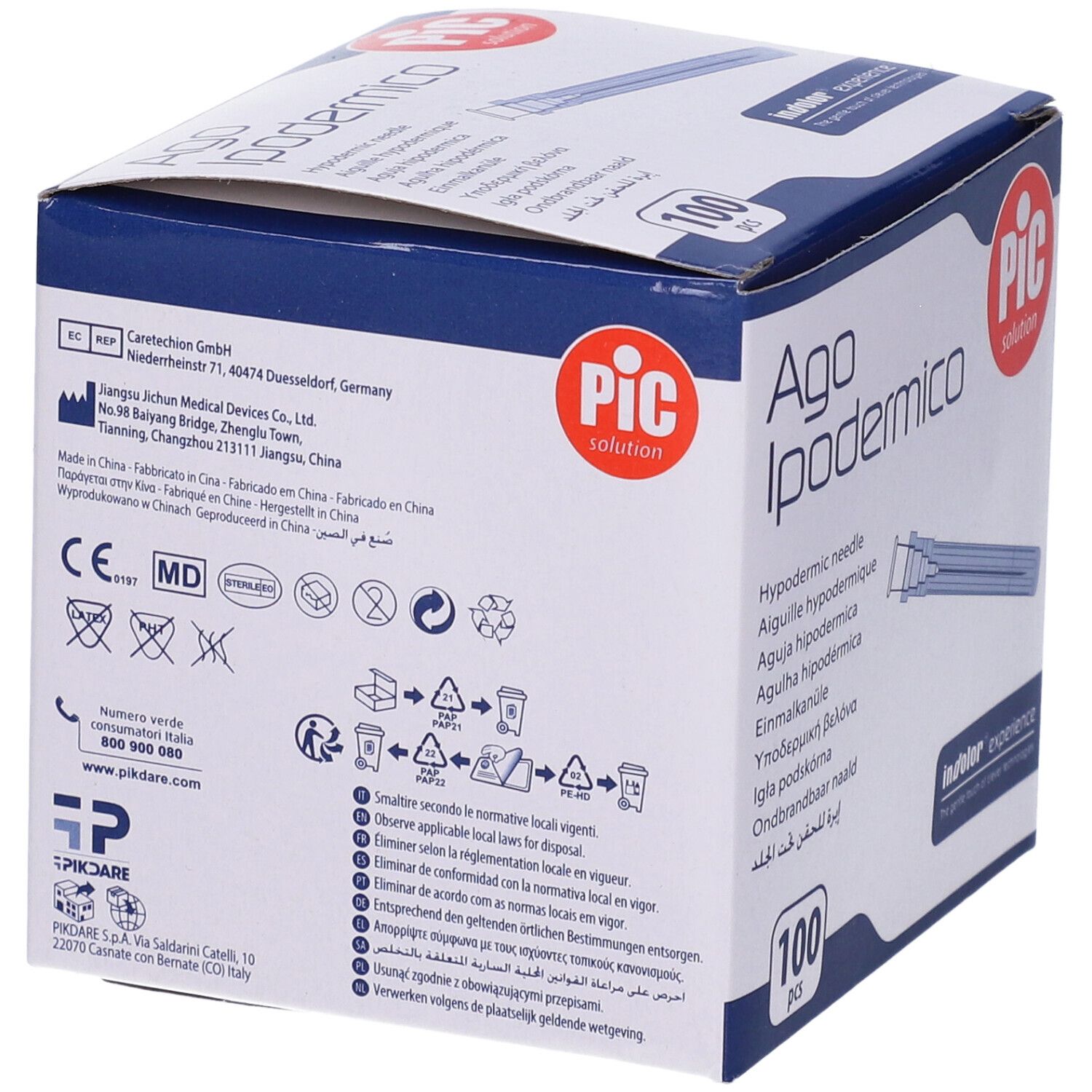 Rückseite der Ago Ipodermico-Verpackung. Text in mehreren Sprachen. PIC-Logo. Recycling-Symbole.