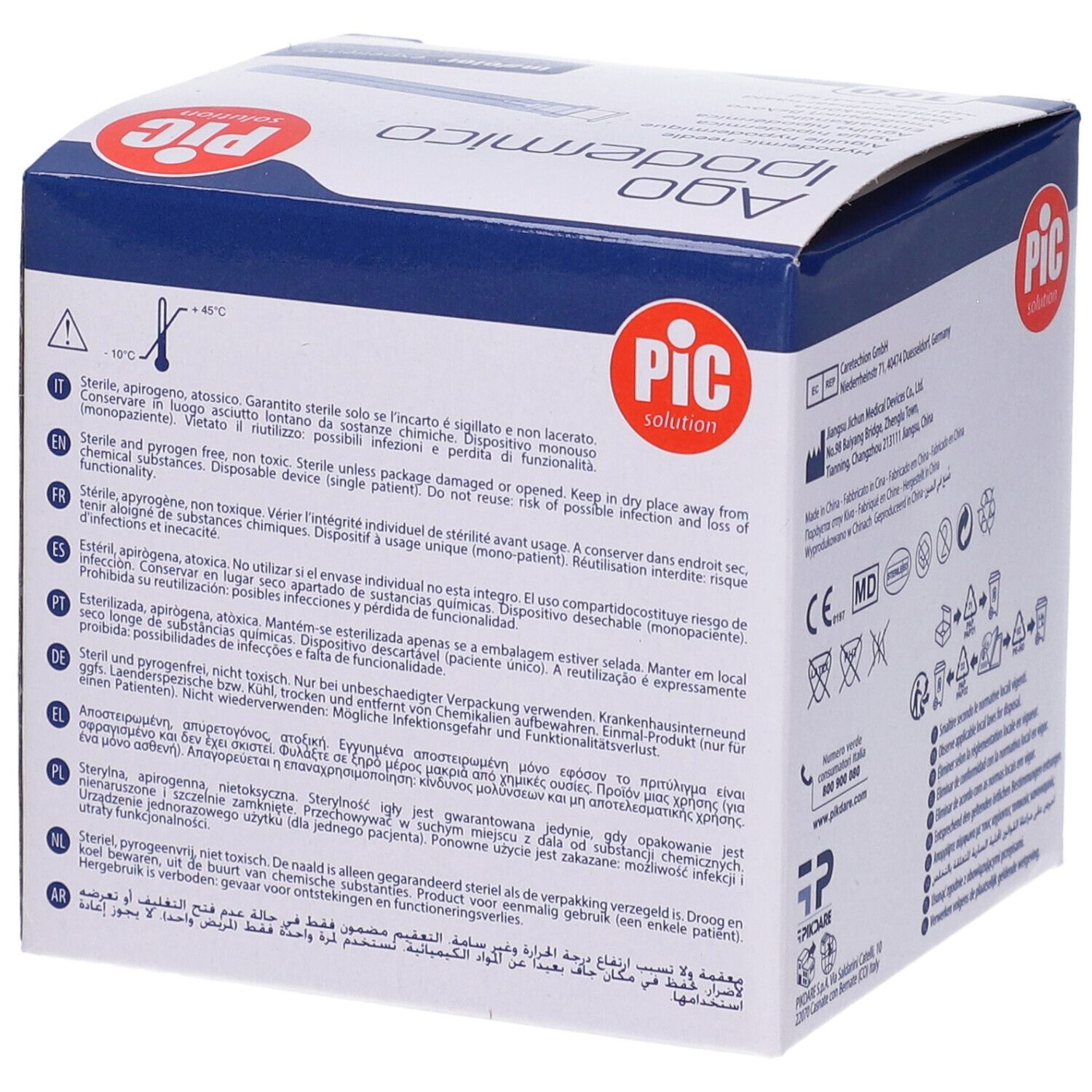 Seite der Ago Ipodermico-Verpackung. Text in mehreren Sprachen. PIC-Logo. Steril-Symbol.