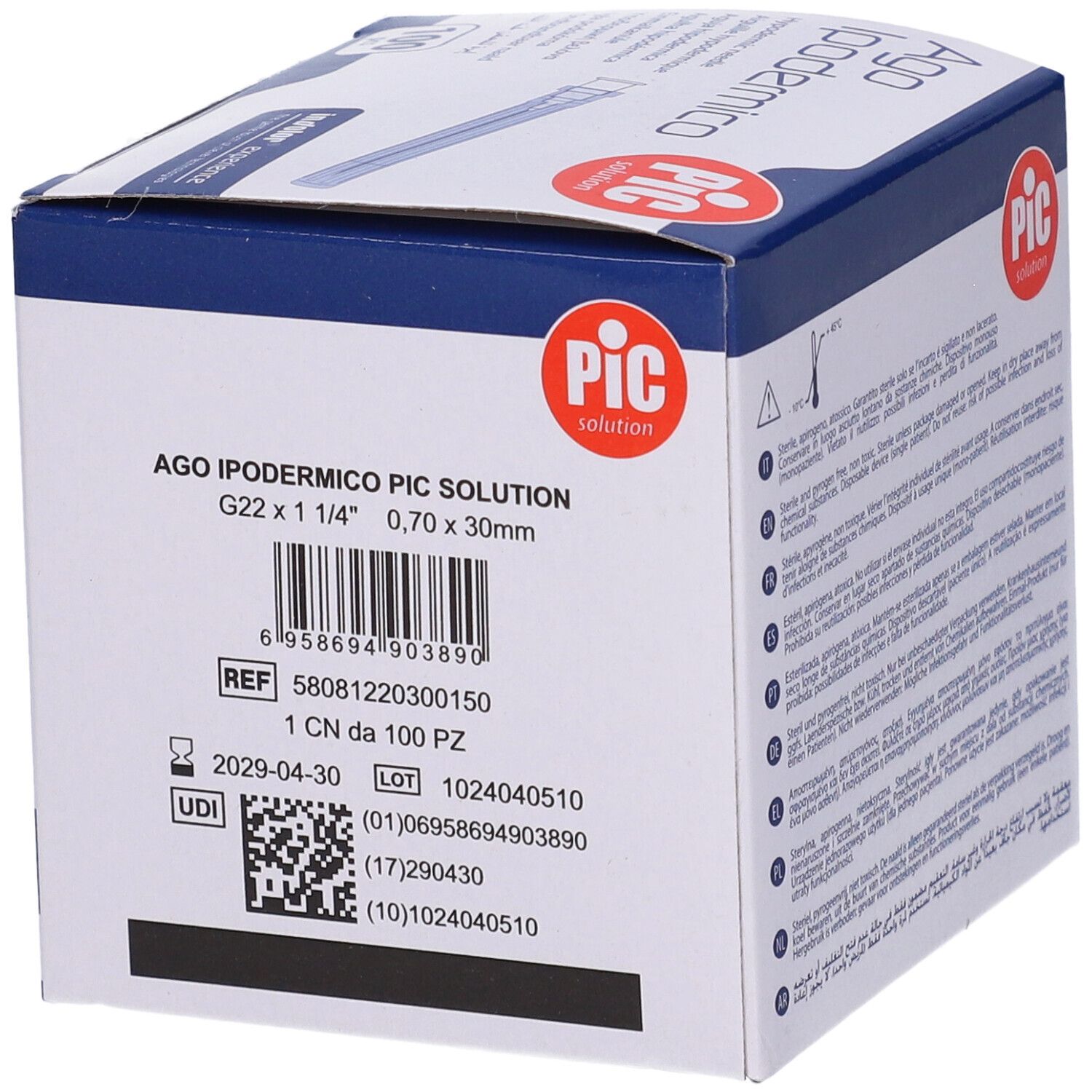 Seite der Ago Ipodermico-Verpackung. Produktinformationen: G22 x 1 1/4, 0,70 x 30mm. Barcode. PIC-Logo.