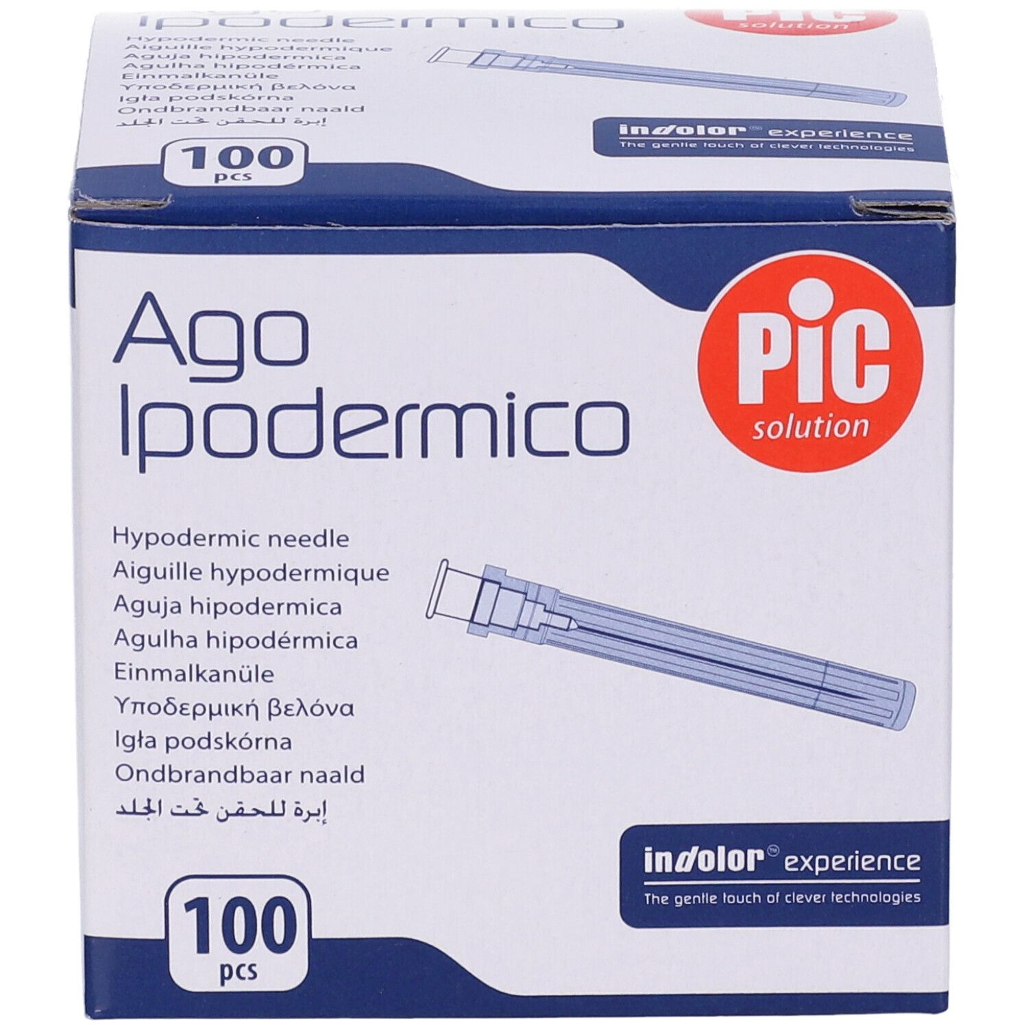 Karton Ago Ipodermico, 100 Stück. Enthält eine Abbildung einer Injektionsnadel. PIC-Logo.