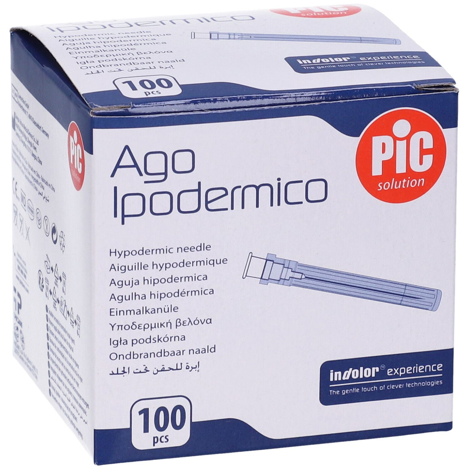 Karton Ago Ipodermico, 100 Stück. Enthält eine Abbildung einer Injektionsnadel. PIC-Logo.