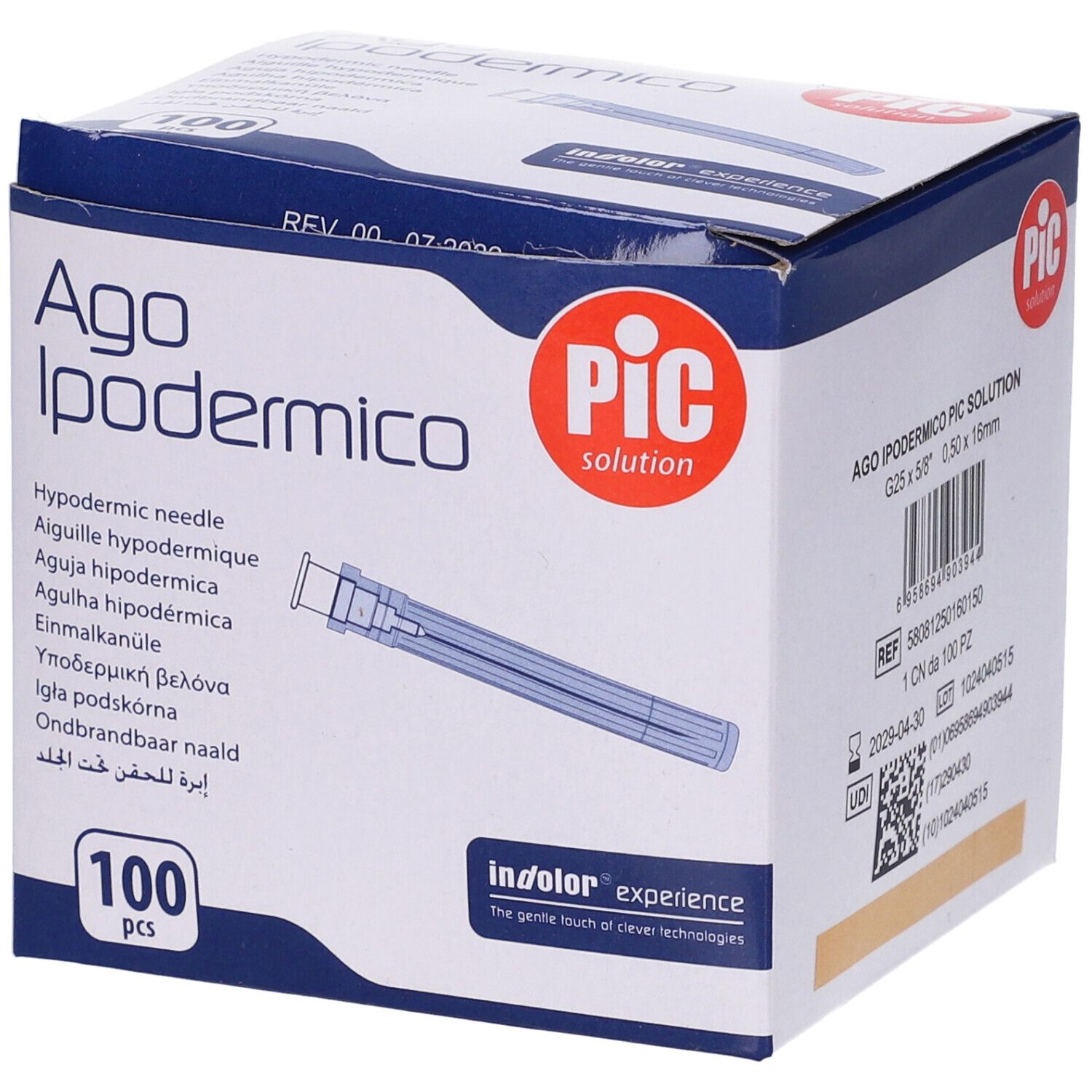 Scatola di Ago Ipodermico PIC, 100 pezzi. Ago blu visibile. Testo: Ago Ipodermico, PIC solution, 100 pezzi.