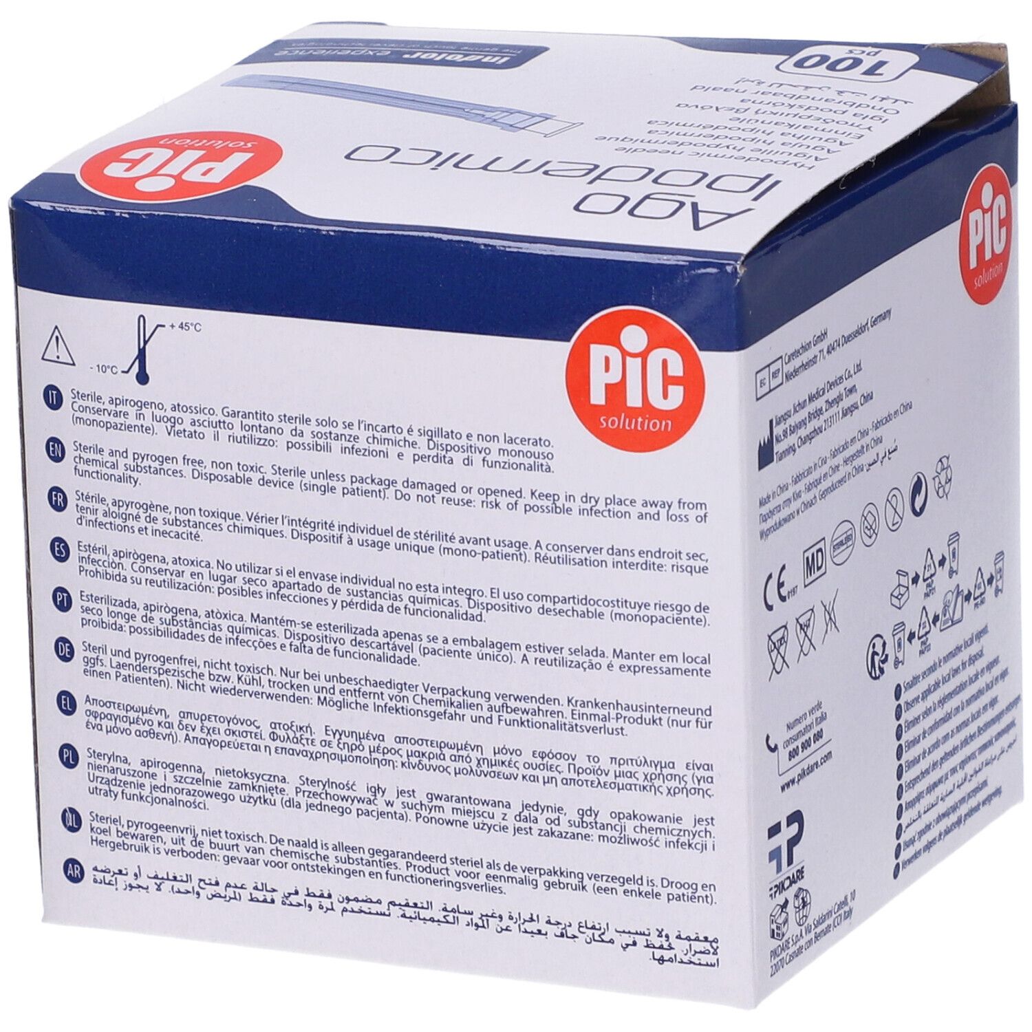 Lato della scatola Ago Ipodermico. Testo: Ago Ipodermico, PIC solution. Sterile, apirogeno. Simboli dispositivi medici.
