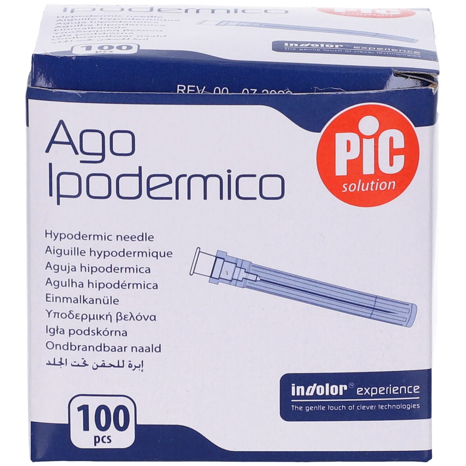 Scatola di Ago Ipodermico, 100 pezzi. Ago blu visibile. Testo: Ago Ipodermico, PIC solution, 100 pezzi.