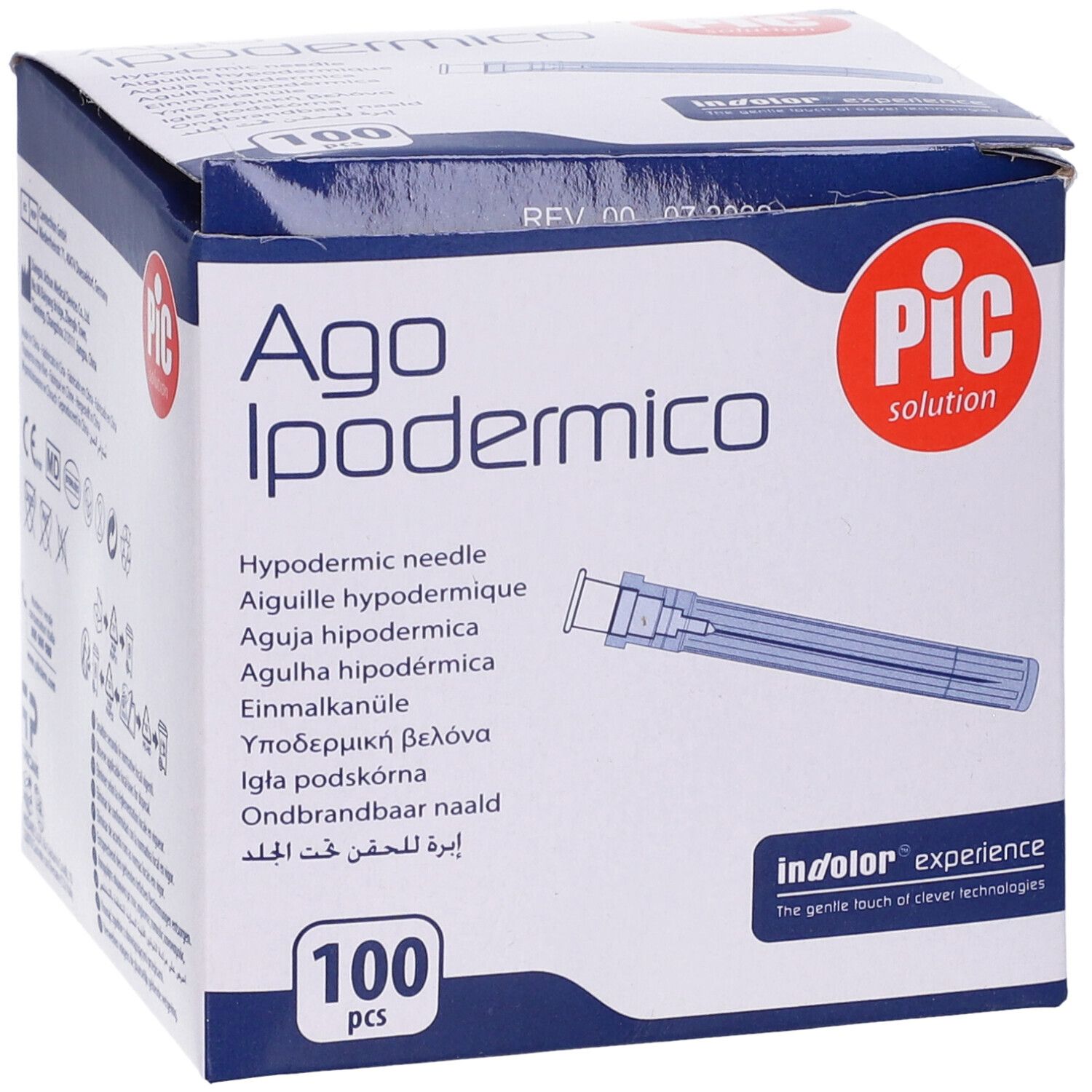 Scatola di Ago Ipodermico, 100 pezzi. Ago blu visibile. Testo: Ago Ipodermico, PIC solution, 100 pezzi.