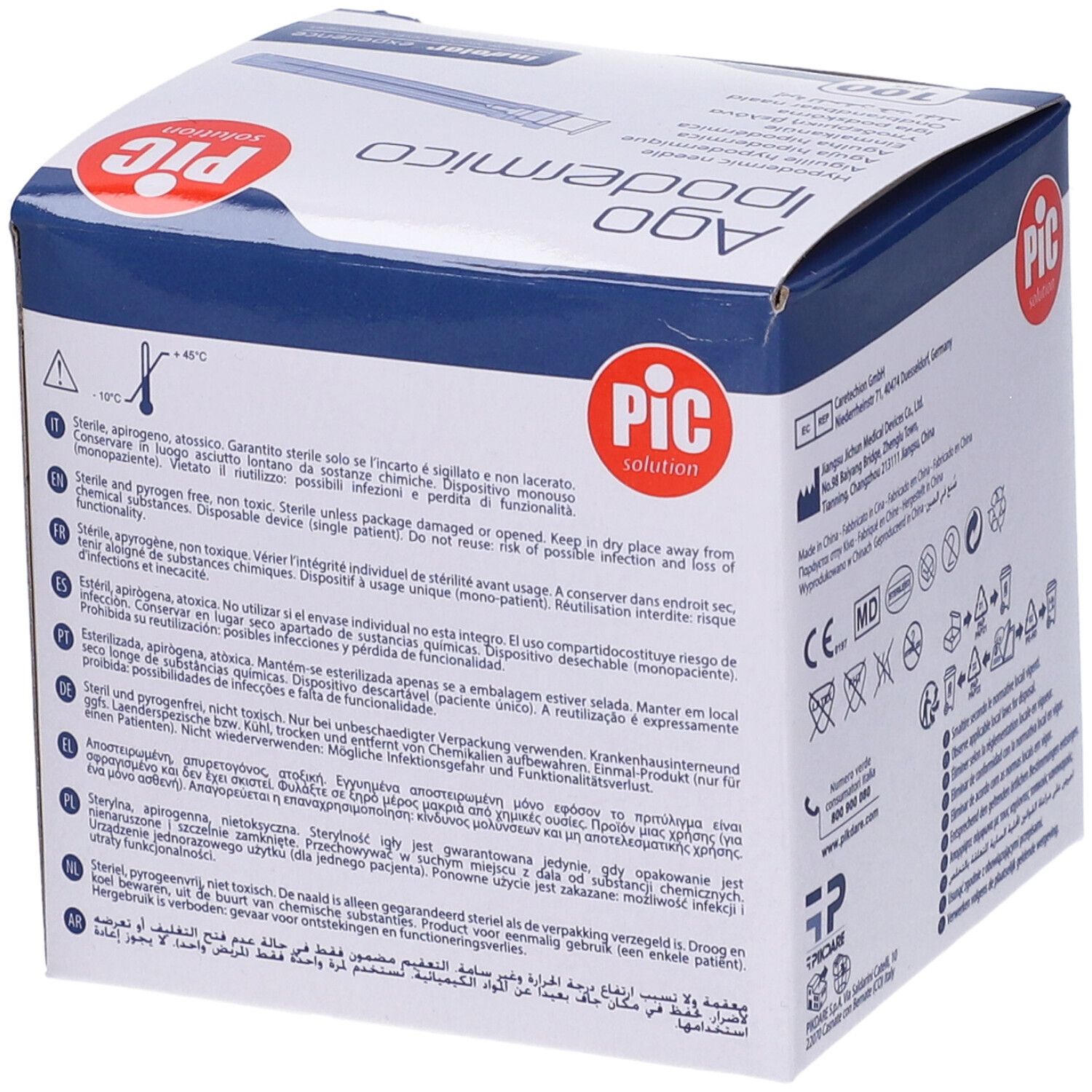 Seite der Schachtel mit medizinischen Informationen und Symbolen. Aufschrift: Ago Ipodermico, PIC solution.