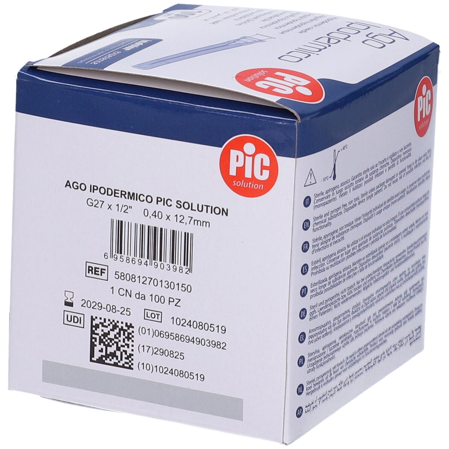Detailansicht der Schachtel mit Produktinformationen. Aufschrift: Ago Ipodermico, PIC solution, G27 1/2.