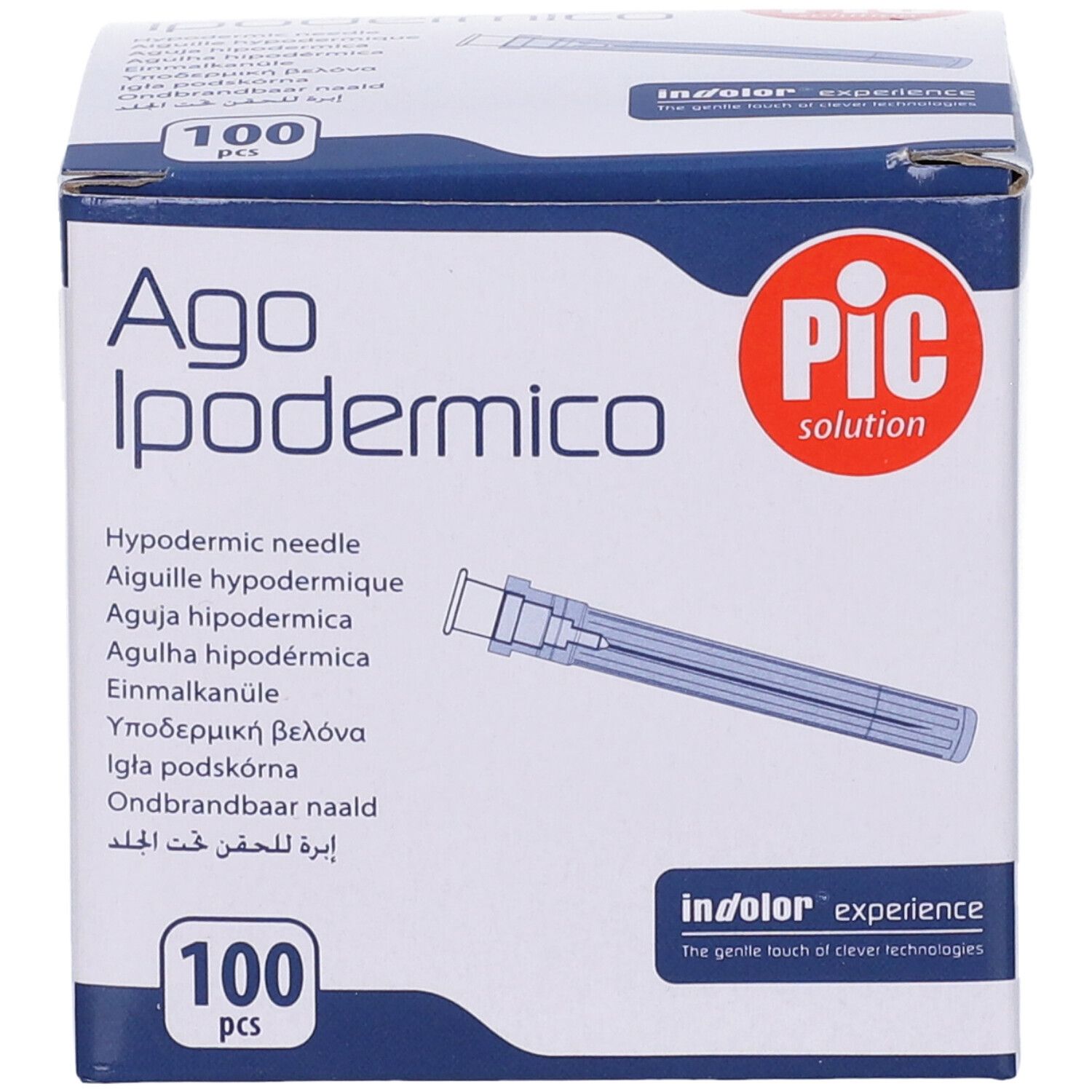 Schachtel mit 100 Injektionsnadeln. Aufschrift: Ago Ipodermico, PIC solution. Nadel abgebildet.