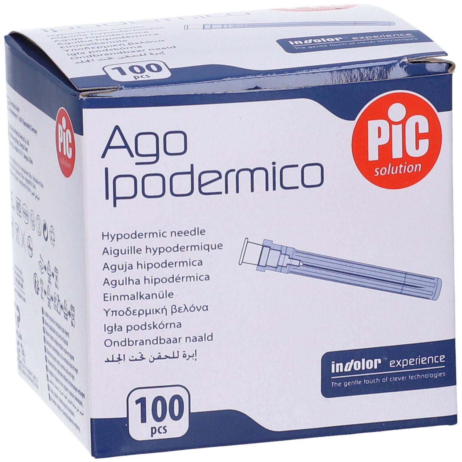 Schachtel mit 100 Injektionsnadeln. Aufschrift: Ago Ipodermico, PIC solution. Nadel abgebildet.