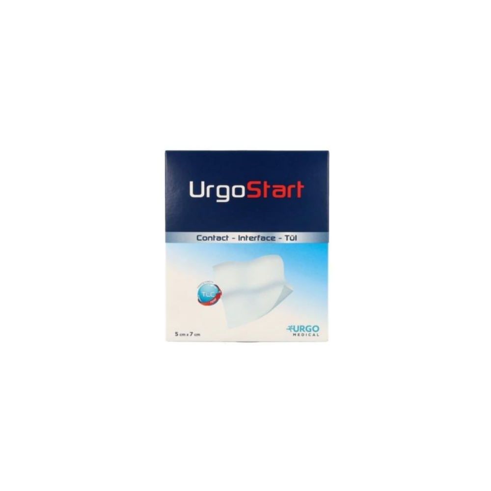 Verpackung mit UrgoStart-Wundauflage. Blaue und weiße Schachtel mit Produktnamen und Abmessungen 5x7 cm. Urgo Medical Logo.