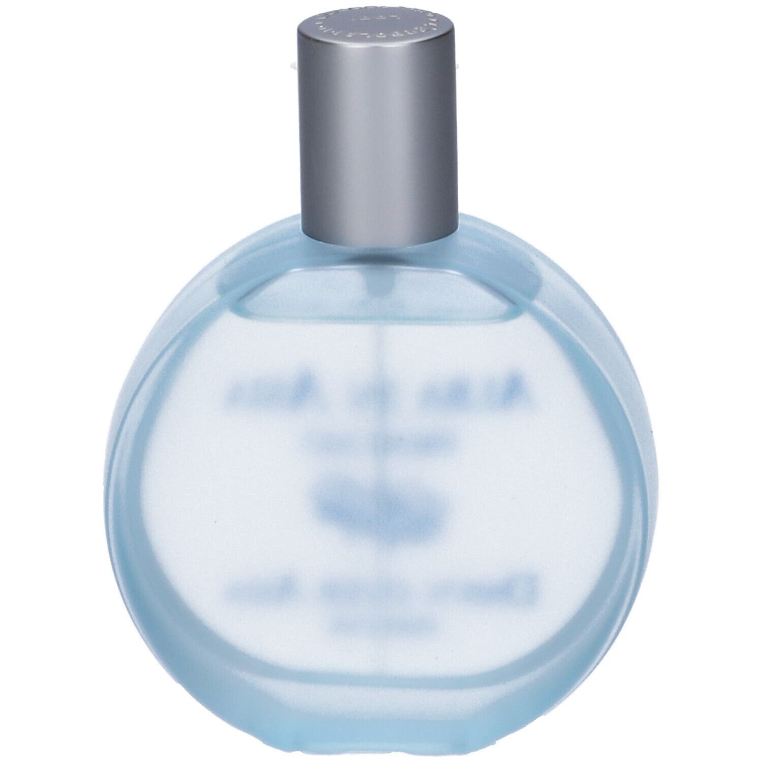 Runde, transparente Glasflasche mit silbernem Verschluss, gefüllt mit blauer Flüssigkeit.