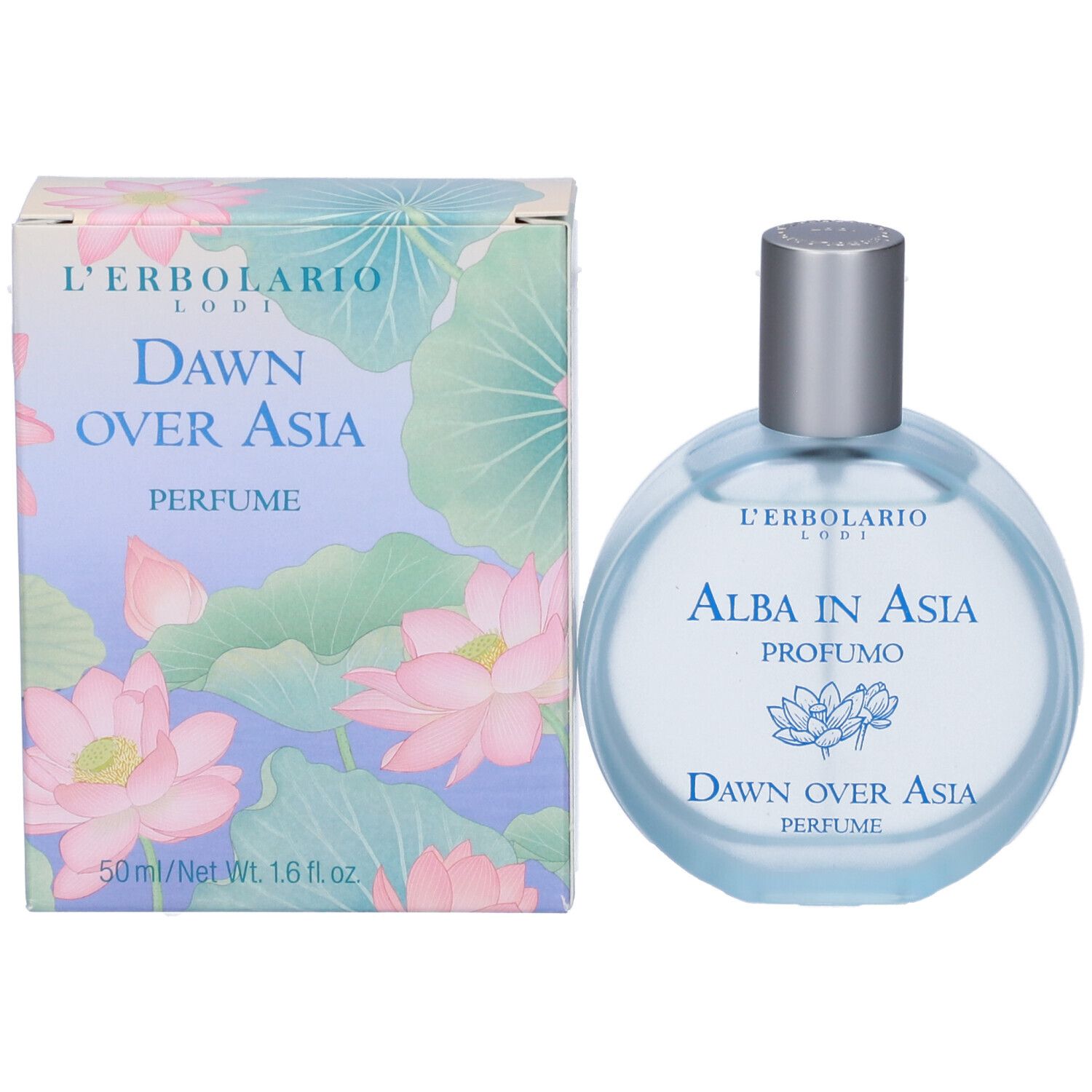L'Erbolario 'Dawn Over Asia' Parfümflakon und Schachtel mit Lotusblumen-Design. 50 ml.