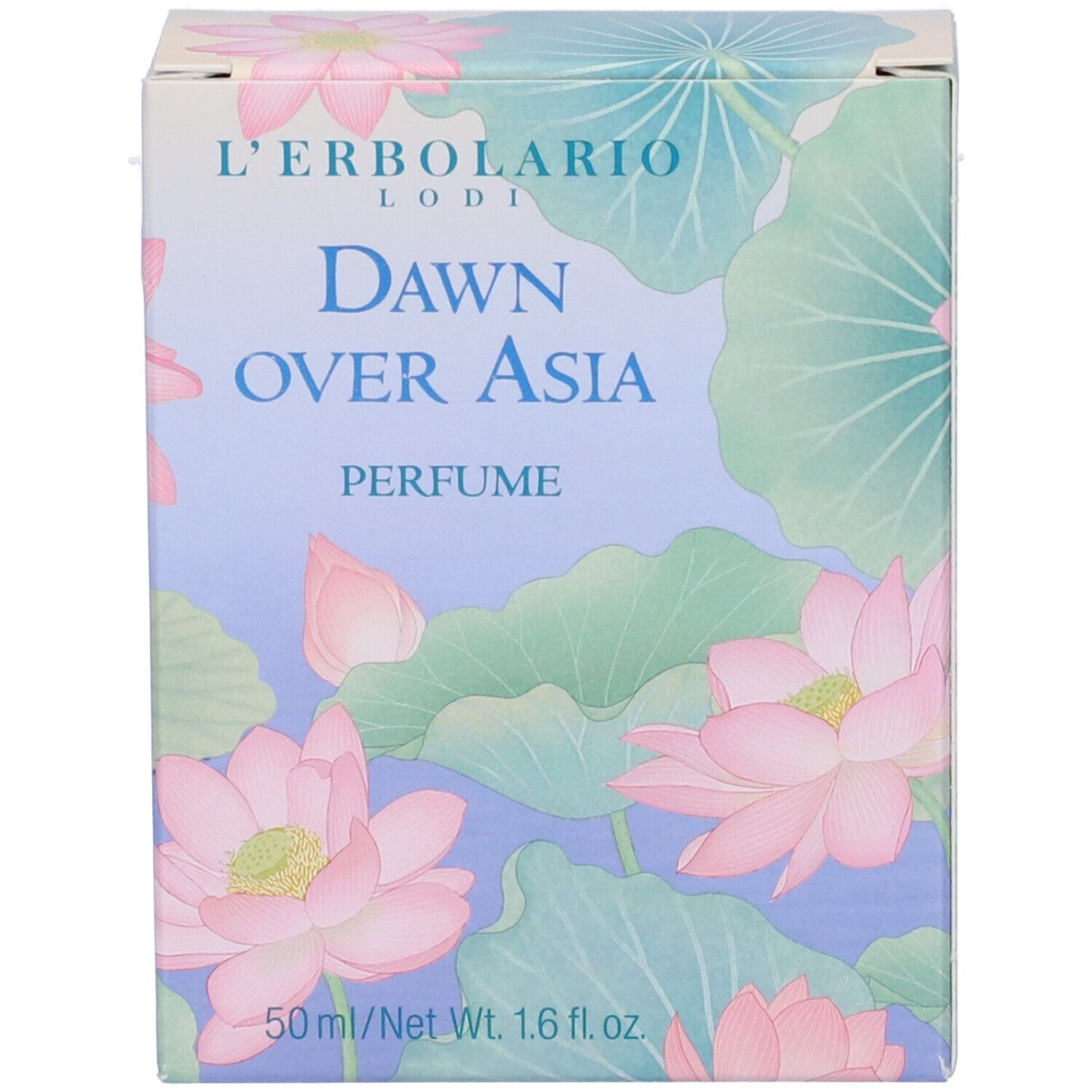 L'Erbolario Dawn Over Asia Parfüm-Verpackung mit Lotusblumen-Design. 50 ml.