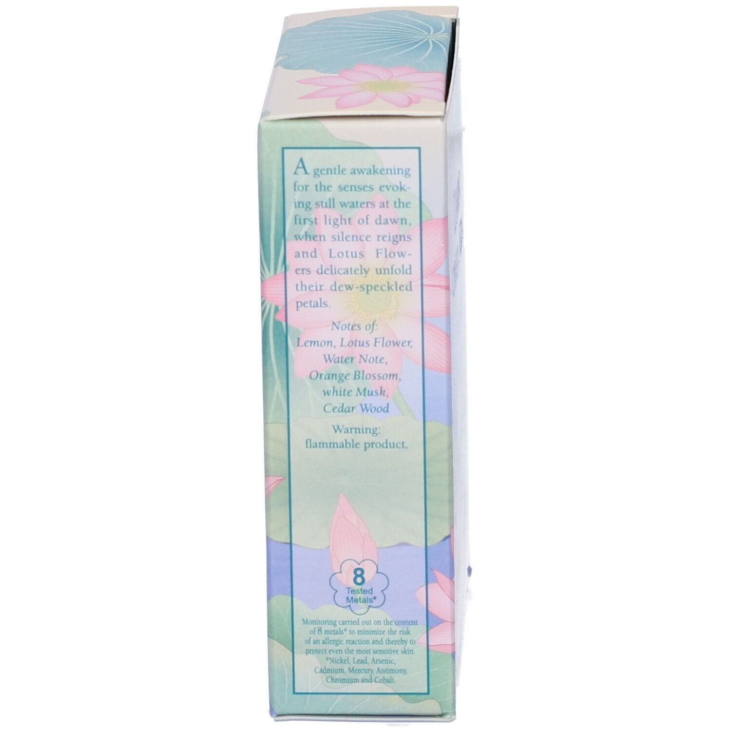 Verpackung mit Lotusblumen-Design. Enthält Duftnoten von Zitrone, Lotusblume, Wasserlilie, Orangenblüte, weißem Moschus und Zedernholz.