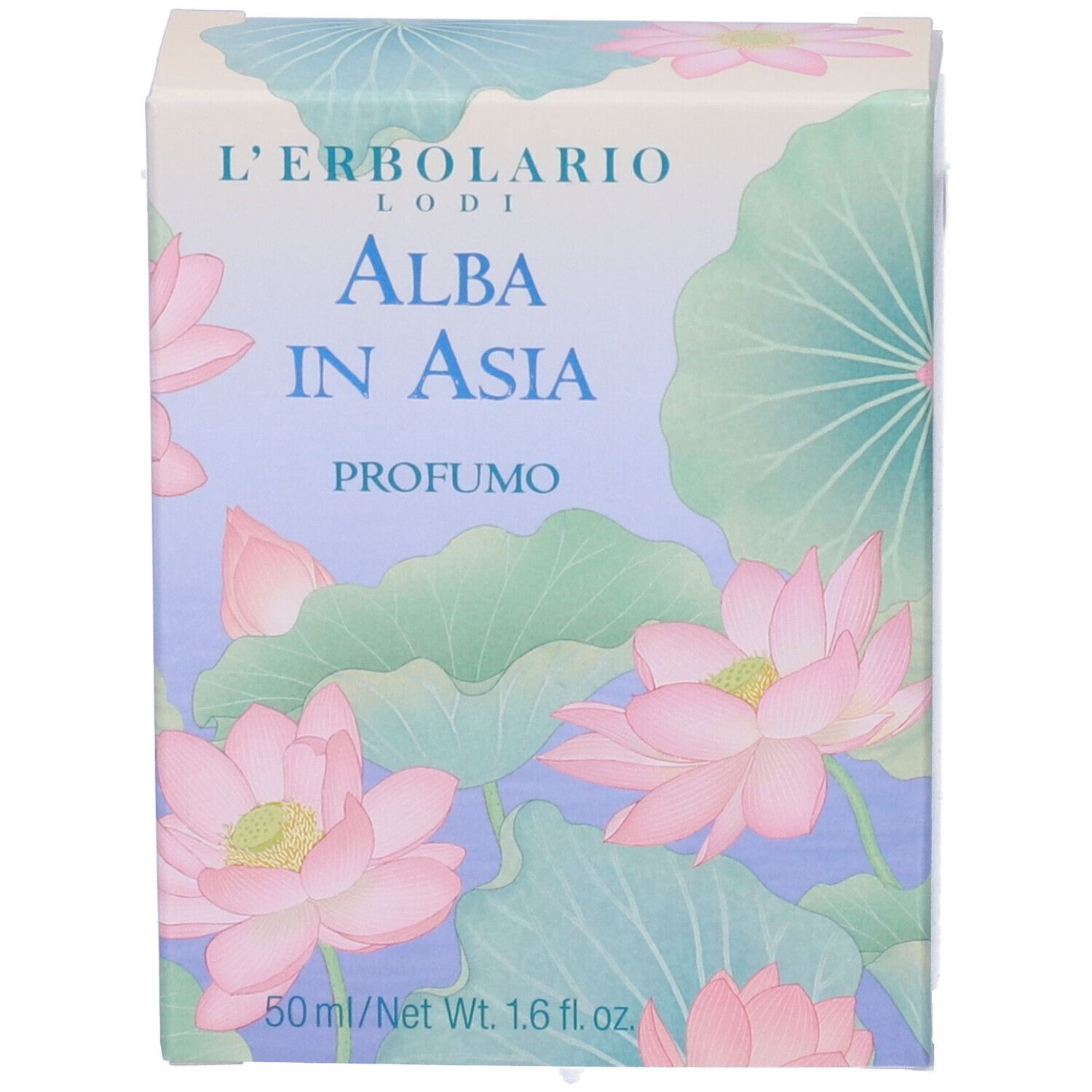 L'Erbolario Alba in Asia Parfüm-Verpackung mit Lotusblumen-Design, 50 ml.